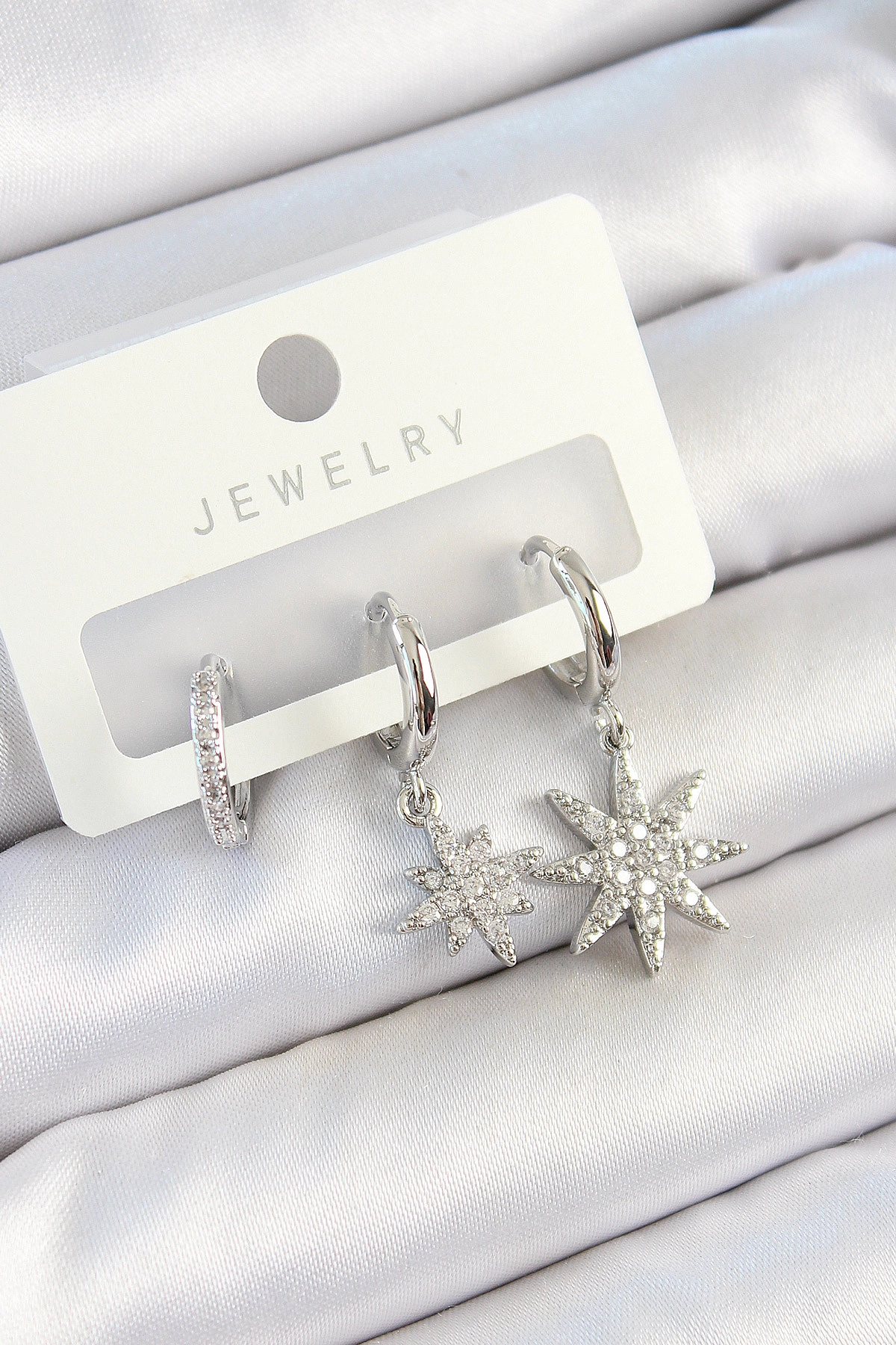 Pirinç Zirkon Taşlı Kutup Yıldızı Model Gümüş Renk 3'lü Çift Kadın Küpe Set-0