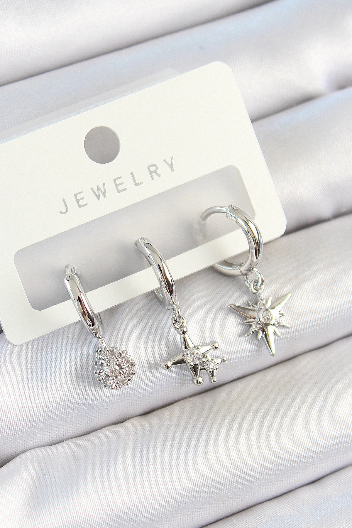 Pirinç Zirkon Taşlı Kutup Yıldızı Model Gümüş Renk 3'lü Çift Kadın Küpe Set-0