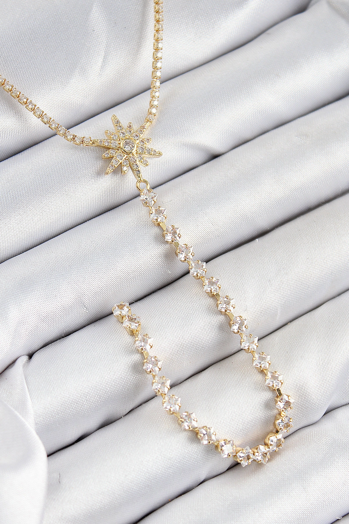 Pirinç Zirkon Taşlı Kutup Yıldızı Model Gümüş Renk Y Kolye-0