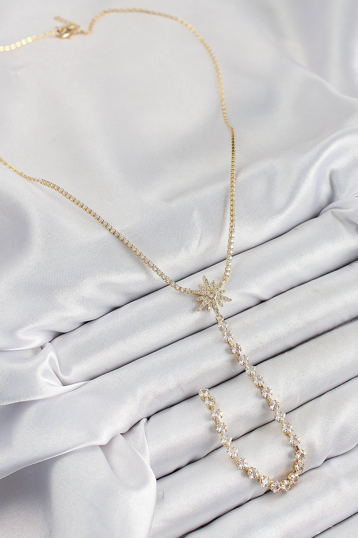 Pirinç Zirkon Taşlı Kutup Yıldızı Model Gümüş Renk Y Kolye-1