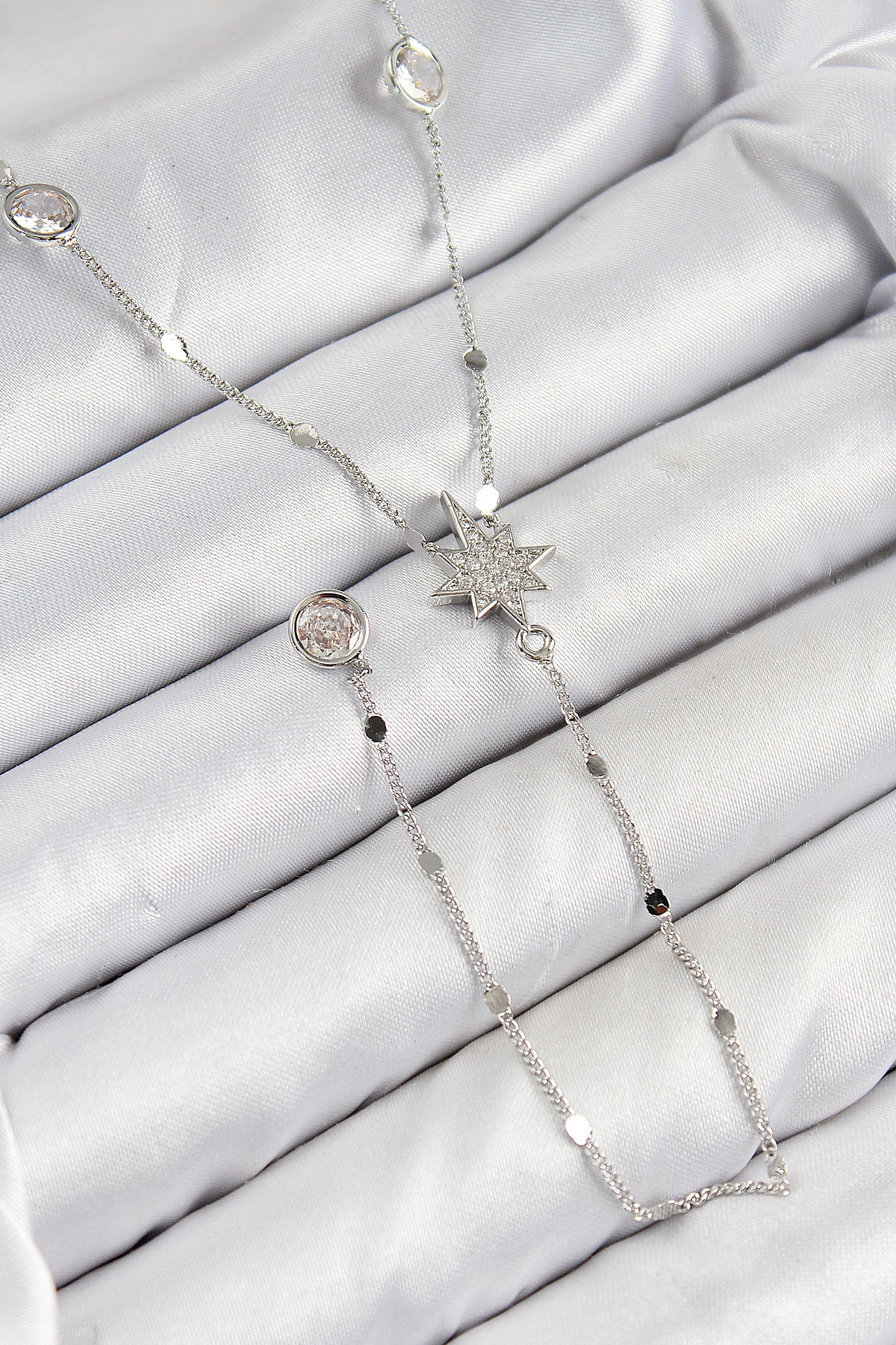 Pirinç Zirkon Taşlı Kutup Yıldızı Model Gümüş Renk Y Kolye-0