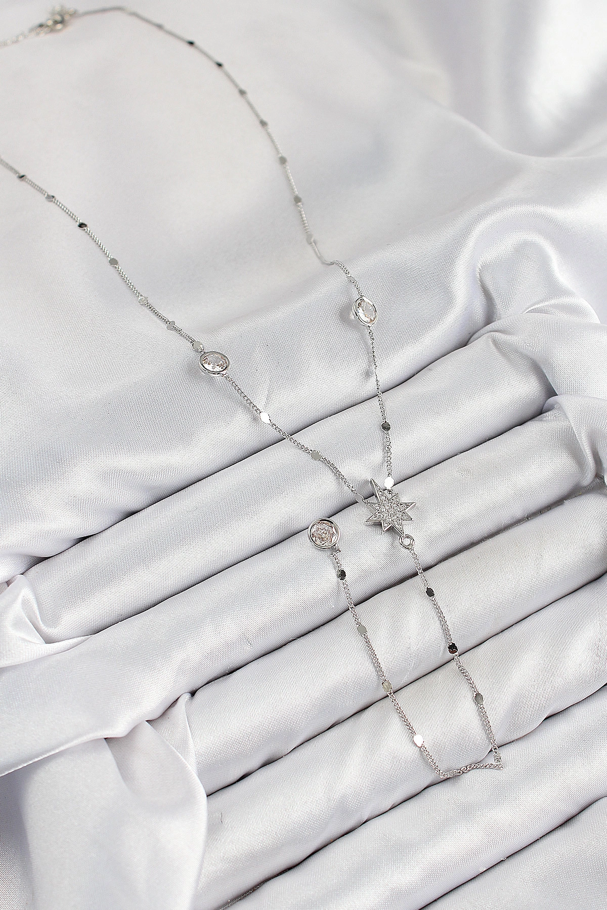 Pirinç Zirkon Taşlı Kutup Yıldızı Model Gümüş Renk Y Kolye-1