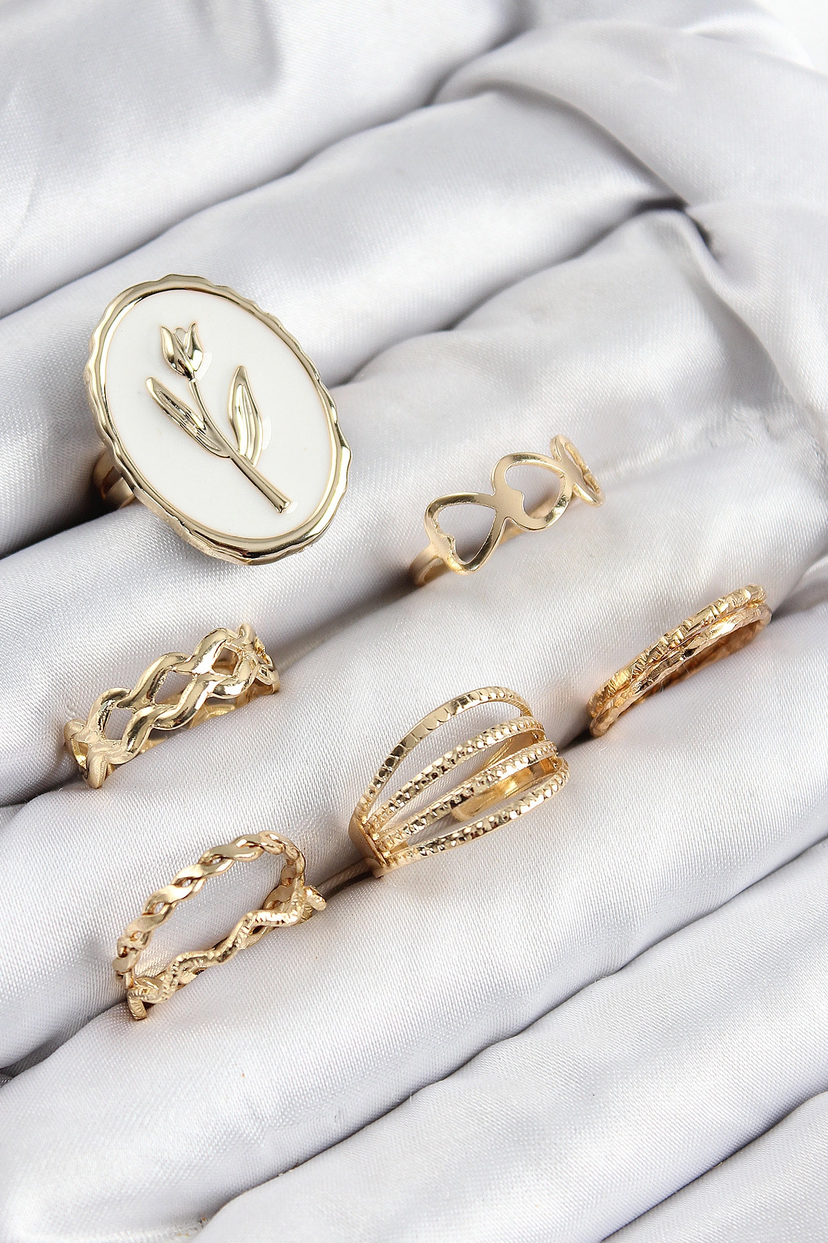 Pirinç Zirkon Taşlı Lale Model Gold Renk Kadın Yüzük Kombin Set-0