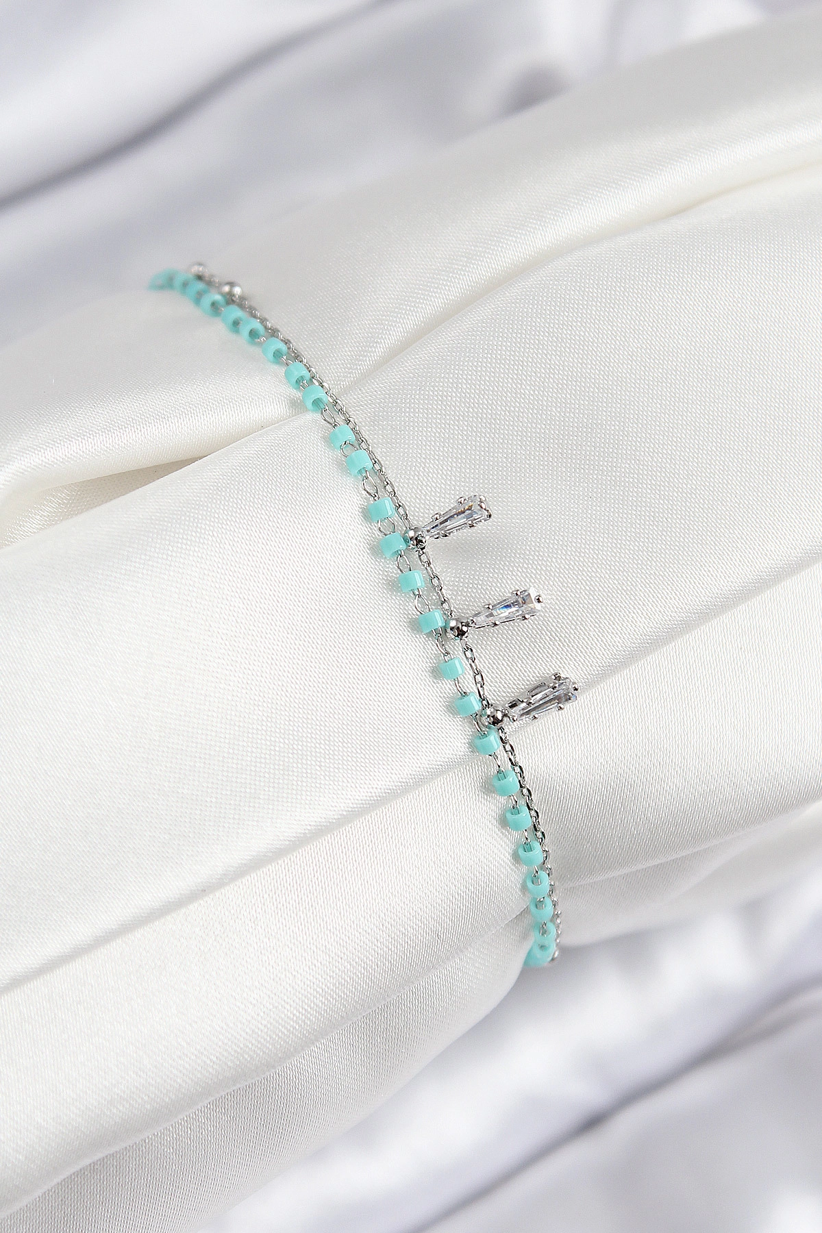 Pirinç Zirkon Taşlı Mavi Boncuklu Model Gümüş Renk Kadın Bileklik-0