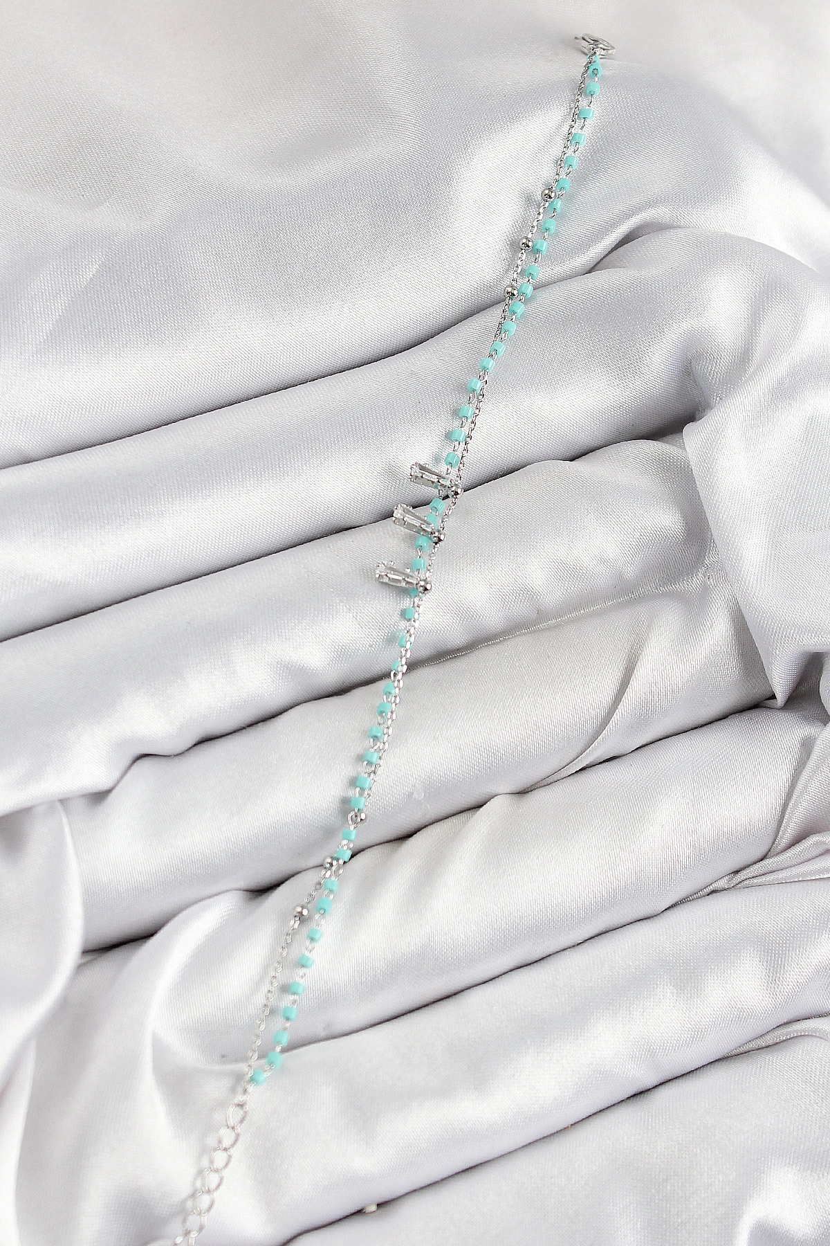 Pirinç Zirkon Taşlı Mavi Boncuklu Model Gümüş Renk Kadın Bileklik-1