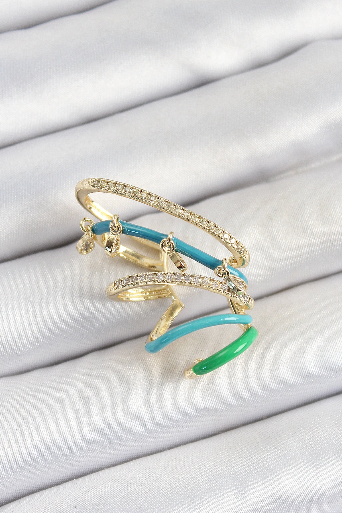 Pirinç Zirkon Taşlı Mavi Yeşil Sıkıştırma Sağ Kıkırdak Gold Renk Kadın Küpe-0