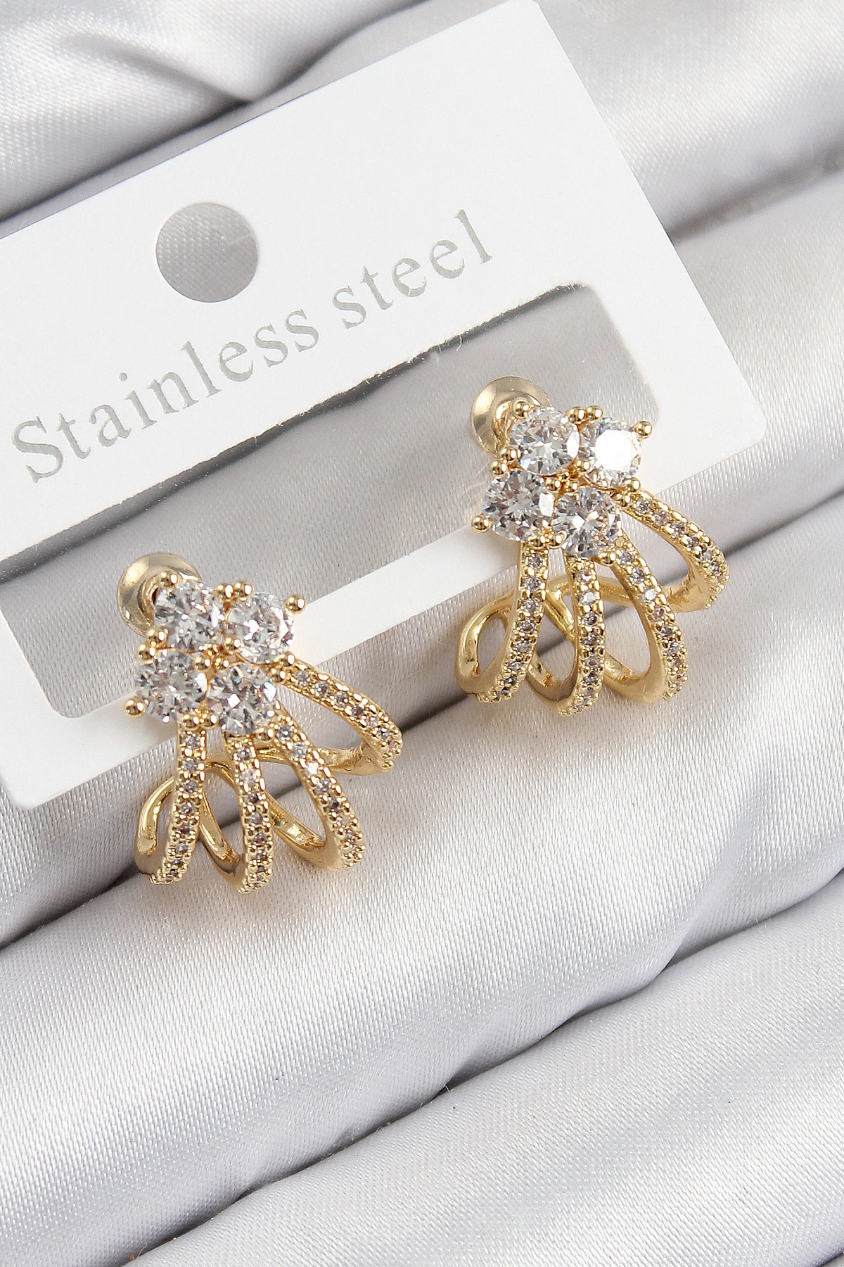 Pirinç Zirkon Taşlı Model Gold Renk Kadın Küpe-0