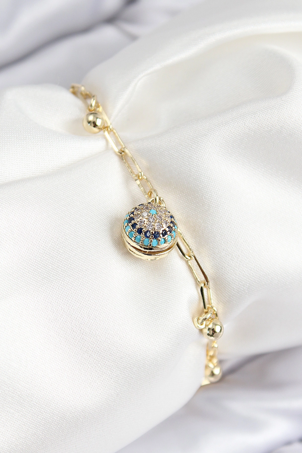 Pirinç Zirkon Taşlı Nazar Boncuğu Model Gold Renk Kadın Bileklik-0