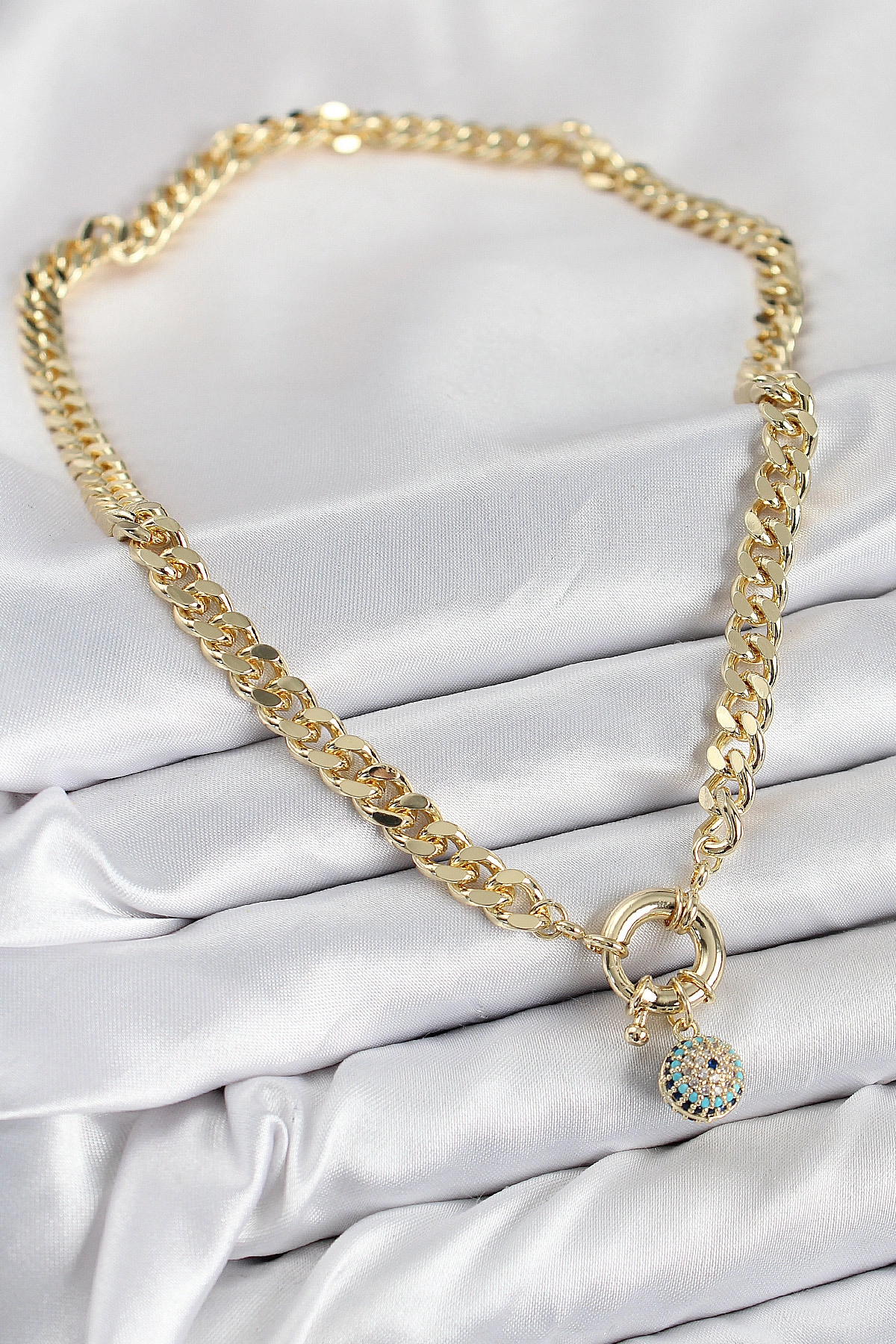 Pirinç Zirkon Taşlı Nazar Boncuk Detaylı Klasik Zincir Model Gold Renk Kadın Kolye-1