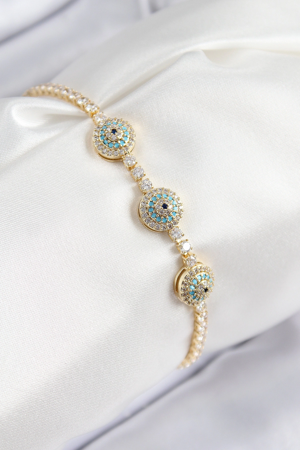 Pirinç Zirkon Taşlı Nazar Model Gold Renk Kadın Bileklik-0