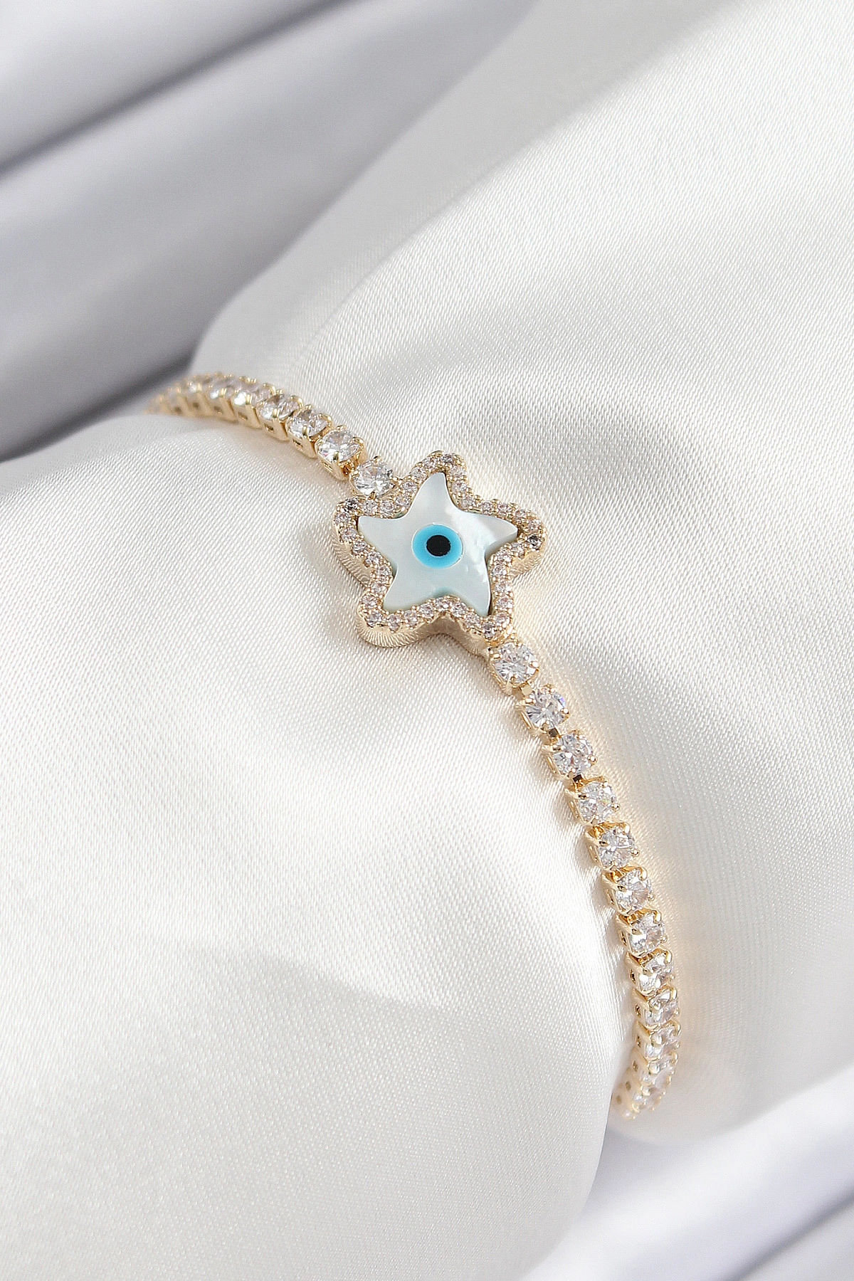 Pirinç Zirkon Taşlı Nazar Yıldız Model Gold Renk Asansörlü Kadın Bileklik-0