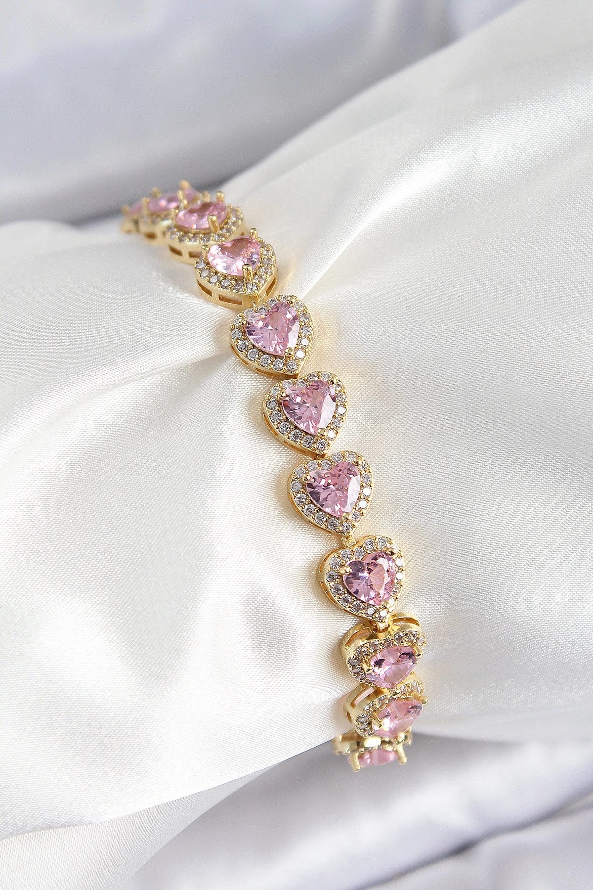 Pirinç Zirkon Taşlı Pembe Kalp Baget Model Gold Renk VIP Seri Kadın Bileklik-0