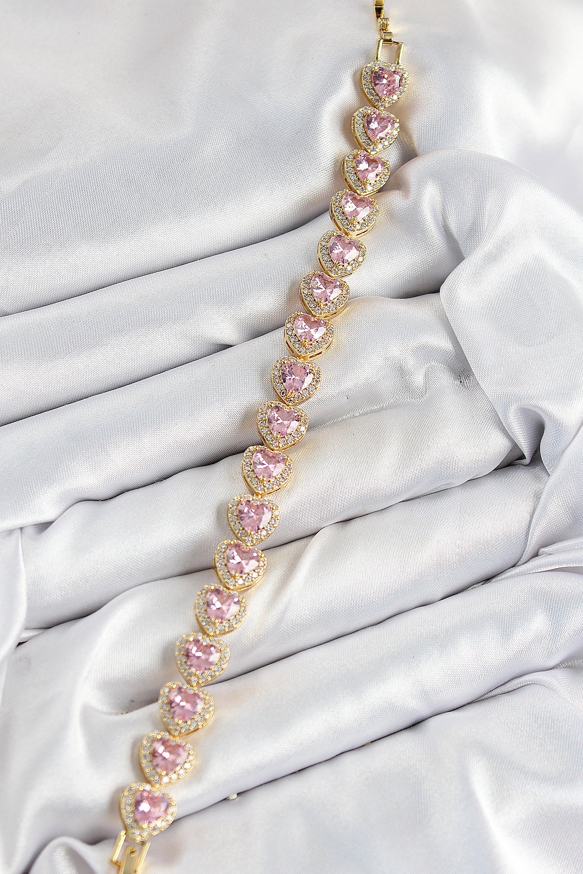 Pirinç Zirkon Taşlı Pembe Kalp Baget Model Gold Renk VIP Seri Kadın Bileklik-1