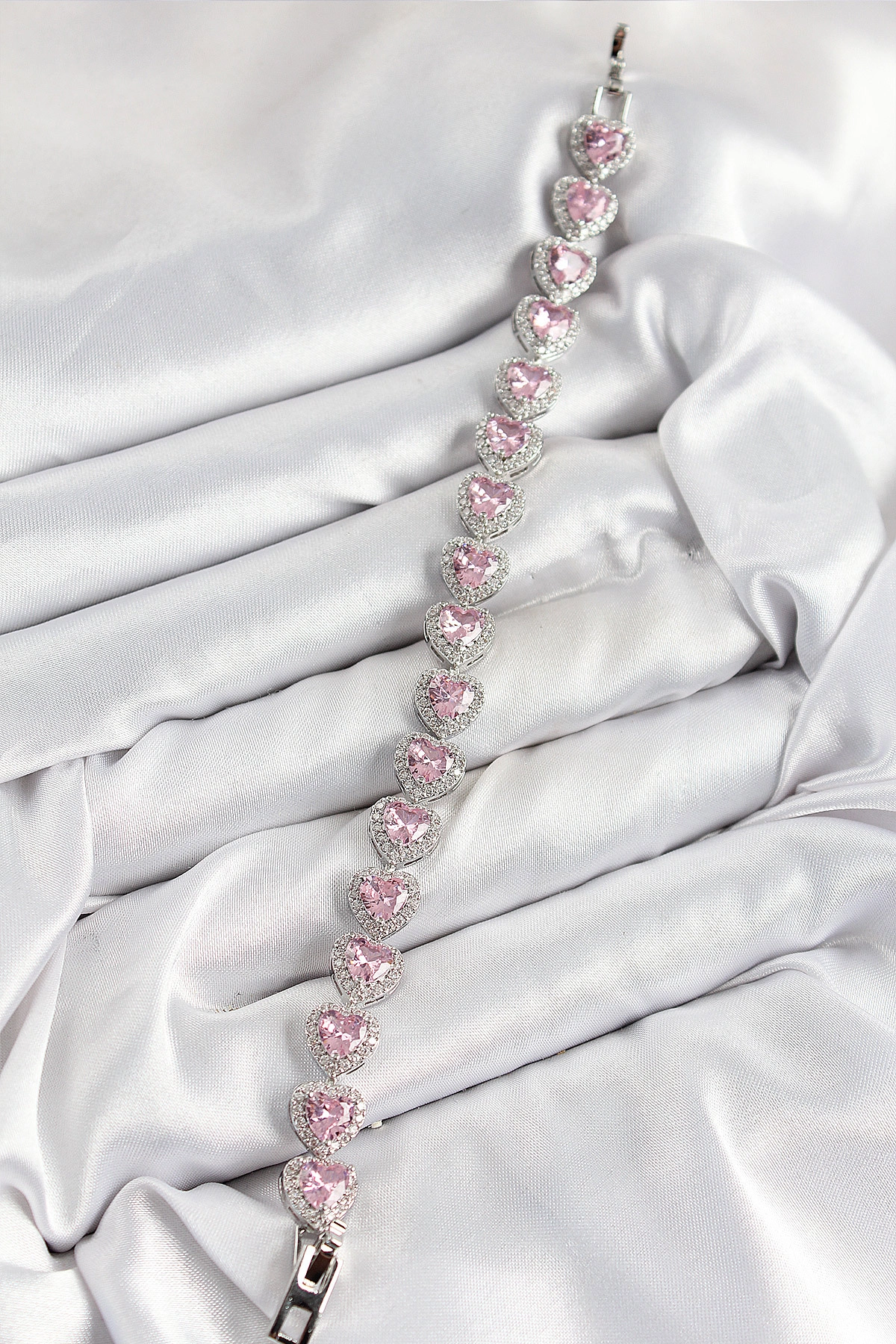 Pirinç Zirkon Taşlı Pembe Kalp Baget Model Gümüş Renk VIP Seri Kadın Bileklik-1