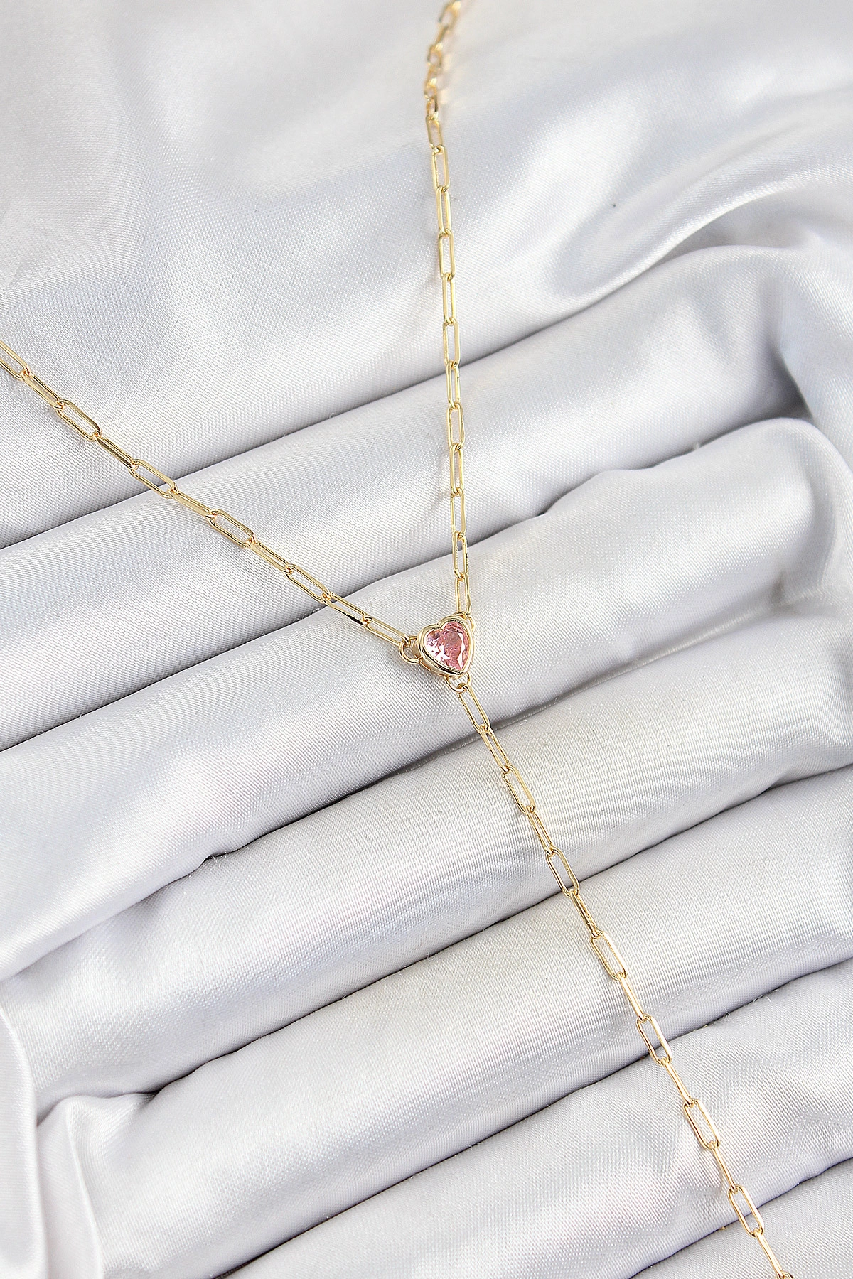Pirinç Zirkon Taşlı Pembe Kalp Figürlü Y Model Gold Renk Kadın Kolye-0