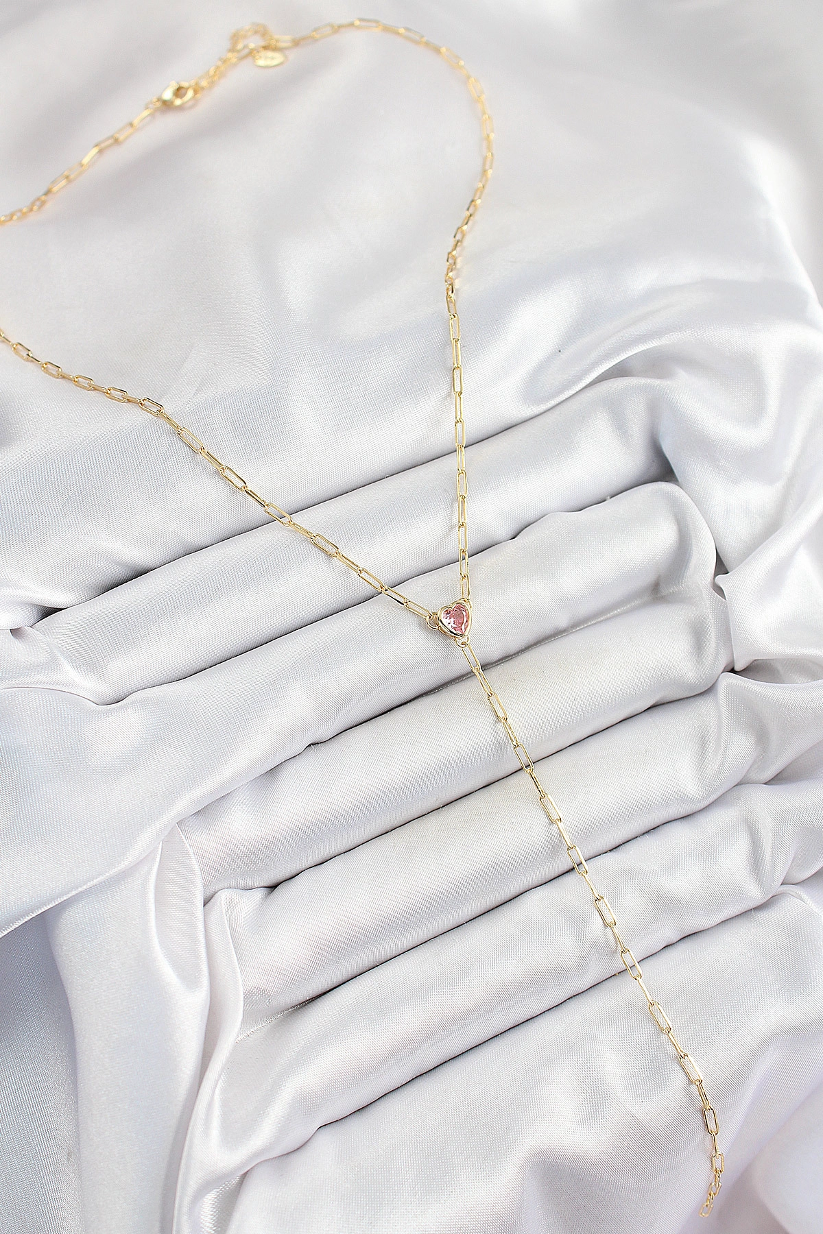 Pirinç Zirkon Taşlı Pembe Kalp Figürlü Y Model Gold Renk Kadın Kolye-1