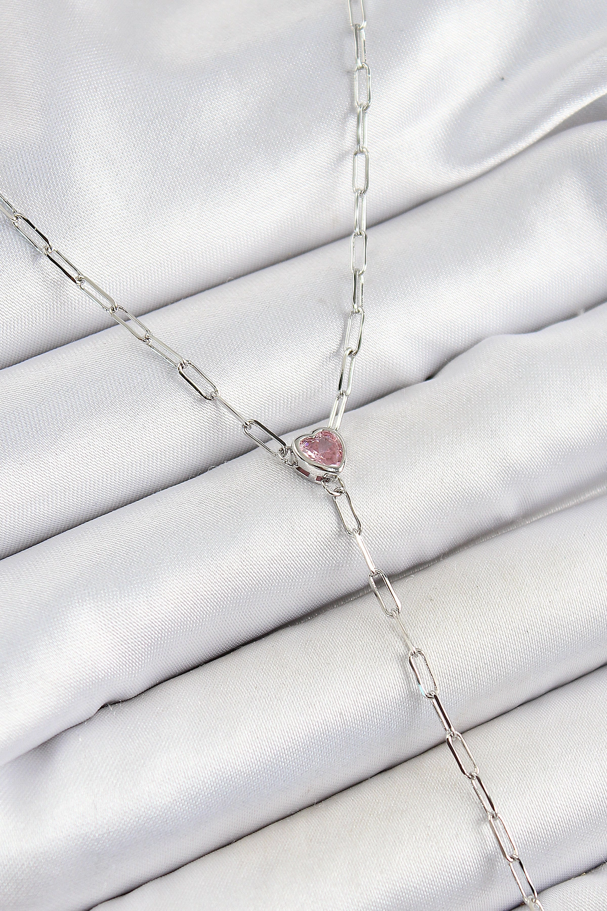 Pirinç Zirkon Taşlı Pembe Kalp Figürlü Y Model Gümüş Renk Kadın Kolye-0