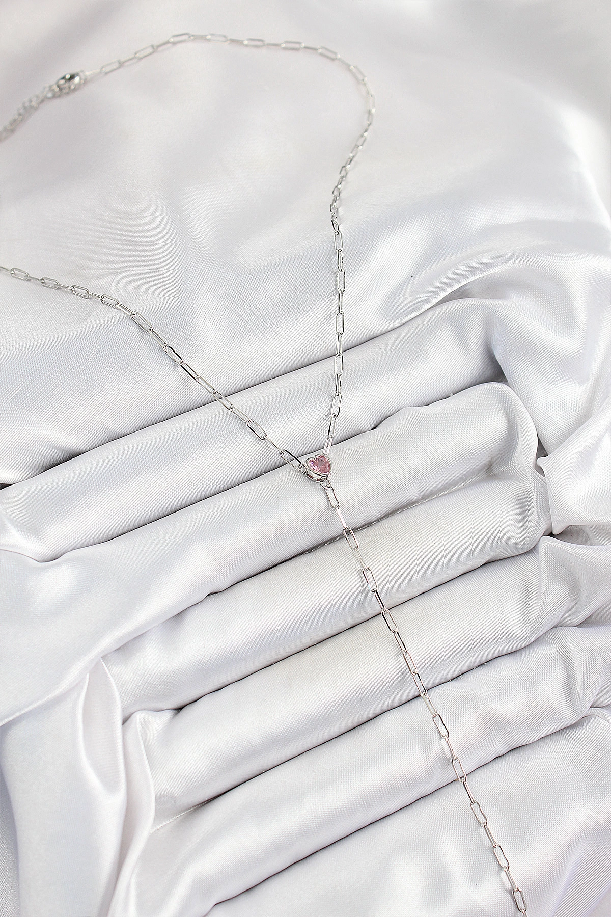 Pirinç Zirkon Taşlı Pembe Kalp Figürlü Y Model Gümüş Renk Kadın Kolye-1