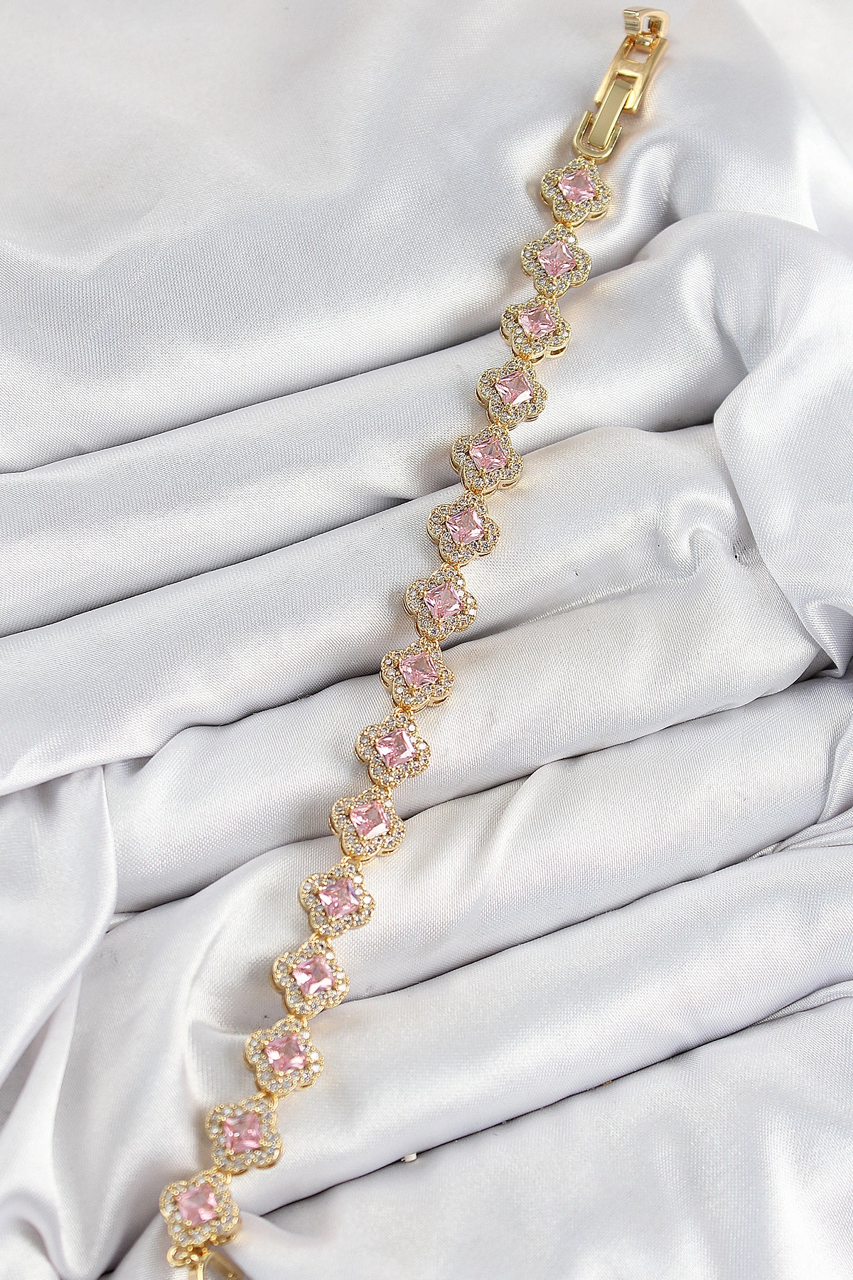 Pirinç Zirkon Taşlı Pembe Yonca Baget Model Gold Renk VIP Seri Kadın Bileklik-1