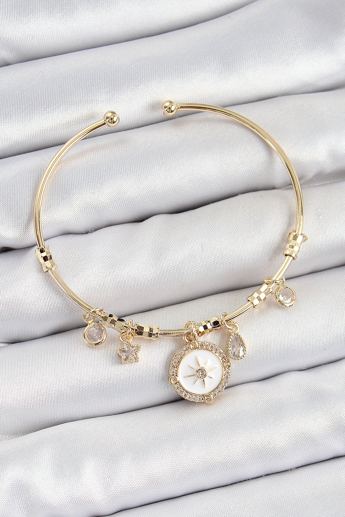 Pirinç Zirkon Taşlı Pusula Model Gold Renk Charm Bileklik-0