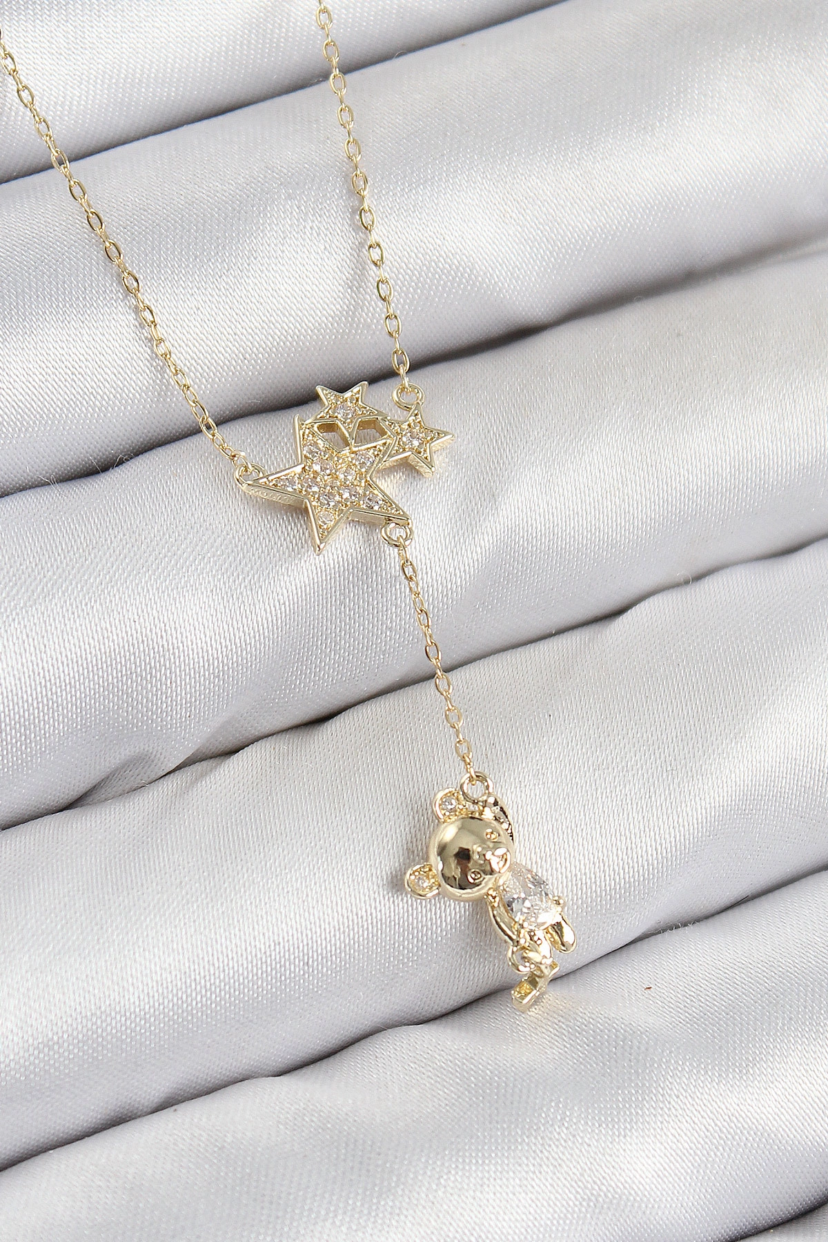 Pirinç Zirkon Taşlı Sallantılı Ayıcıklı Yıldız Model Gold Renk Kadın Kolye-0