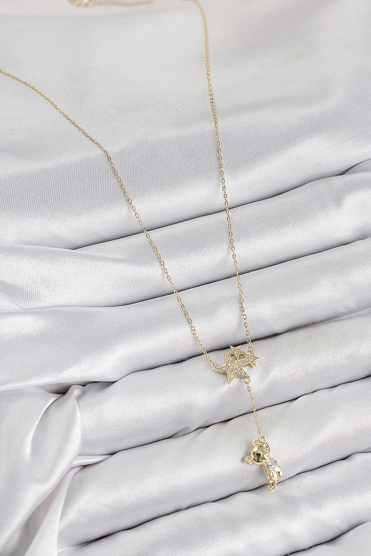 Pirinç Zirkon Taşlı Sallantılı Ayıcıklı Yıldız Model Gold Renk Kadın Kolye-1