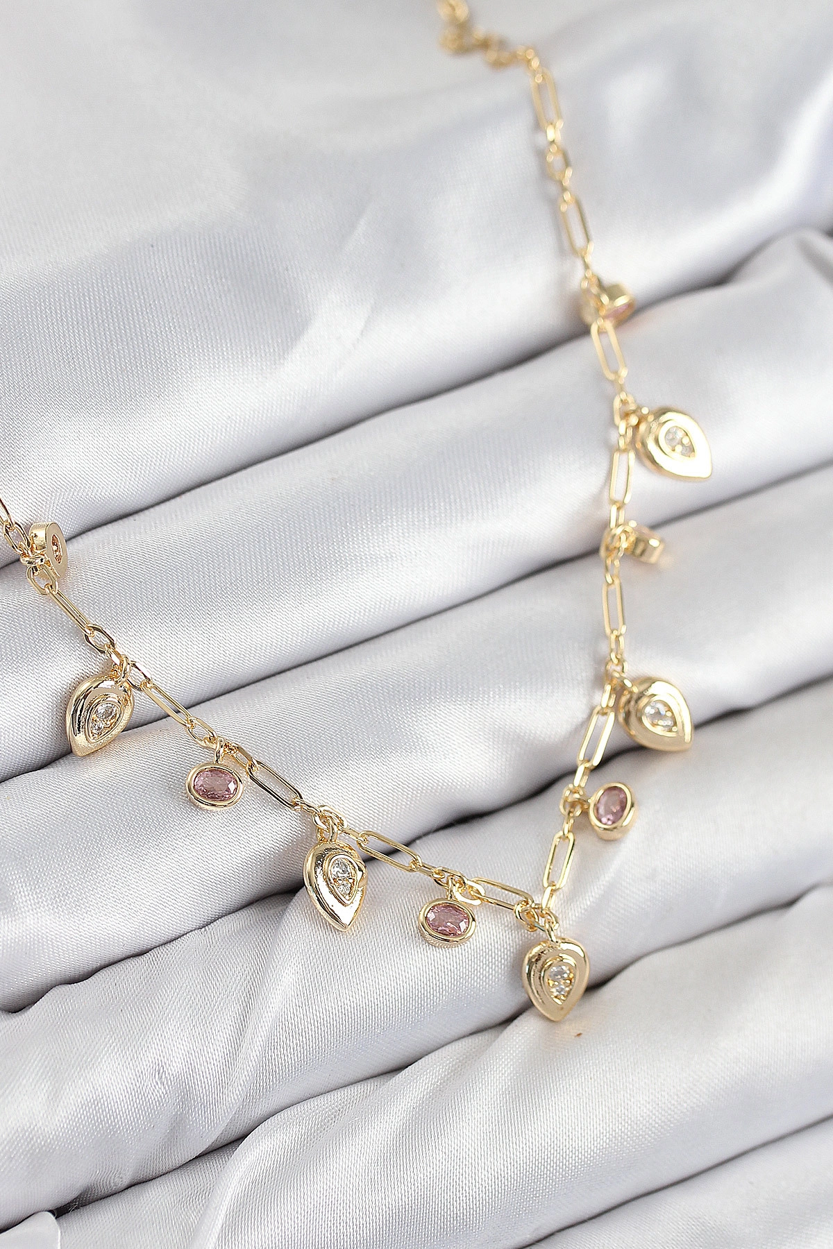 Pirinç Zirkon Taşlı Sallantılı Damla Model Gold Renk Kadın Kolye-0