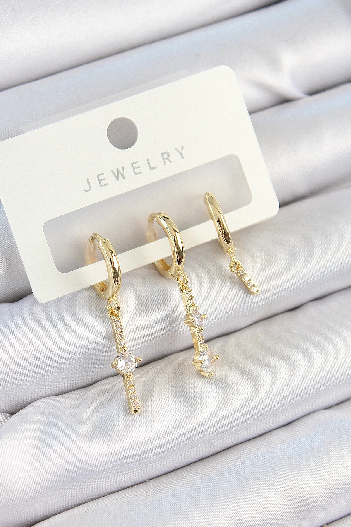 Pirinç Zirkon Taşlı Sallantılı Model Gold Renk 3'lü Çift Kadın Küpe Set-0