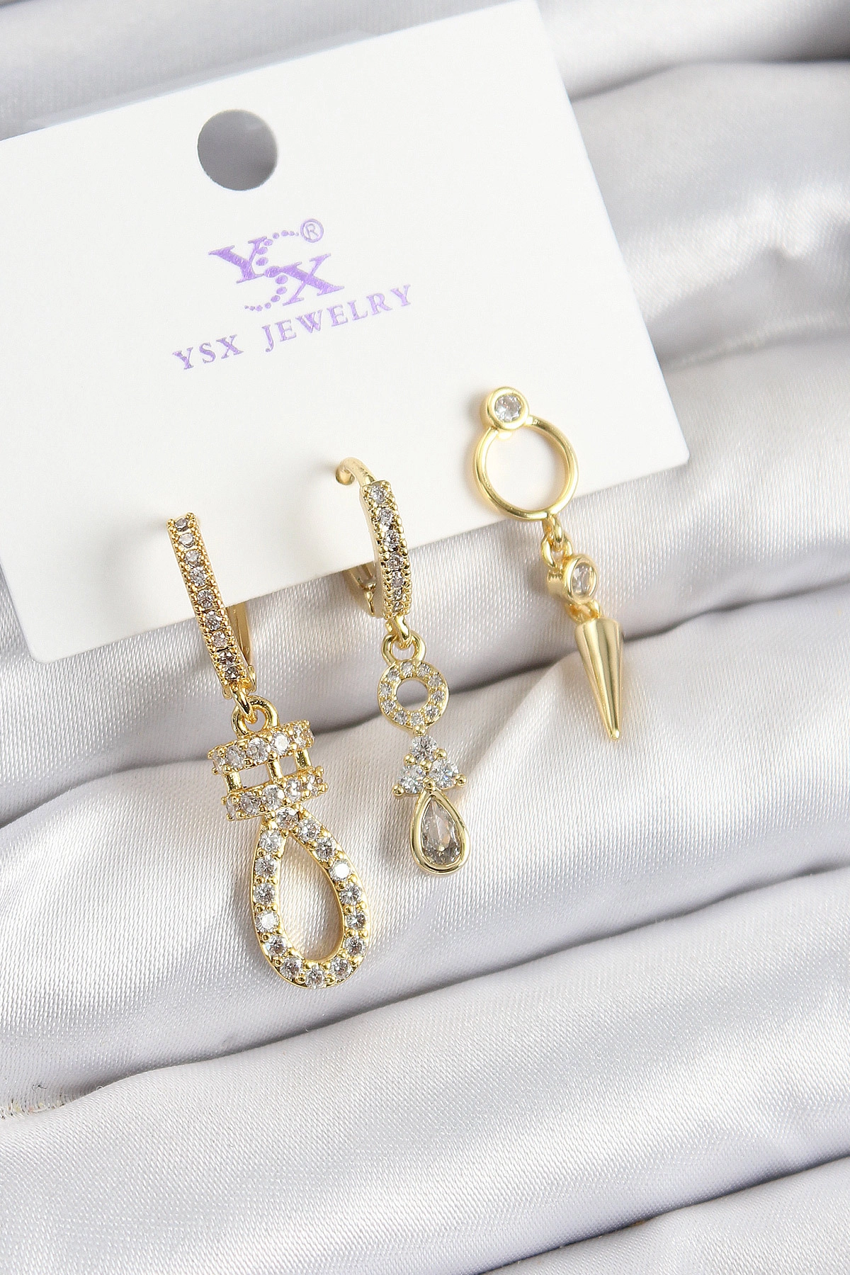 Pirinç Zİrkon Taşlı Sallantılı Model Gold Renk 3'lü Kadın Küpe-0