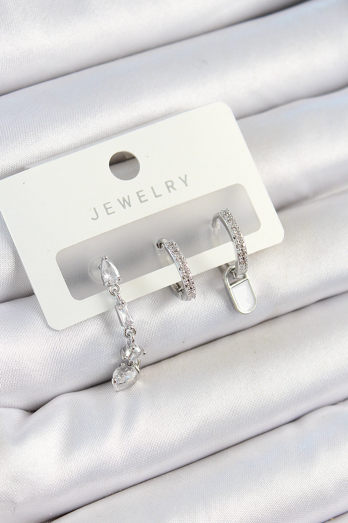 Pirinç Zirkon Taşlı Sallantılı Model Gümüş Renk 3'lü Çift Kadın Küpe Set-0