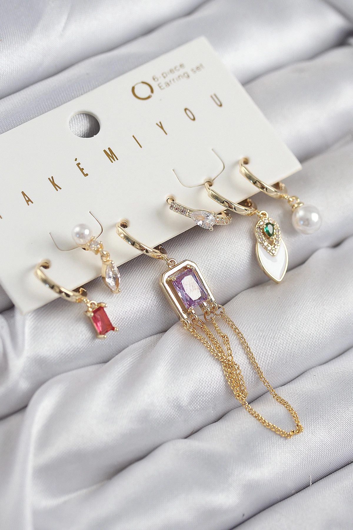 Pirinç Zirkon Taşlı Sallantılı Ve İncili Gold Renk 6'lı Küpe Set-0