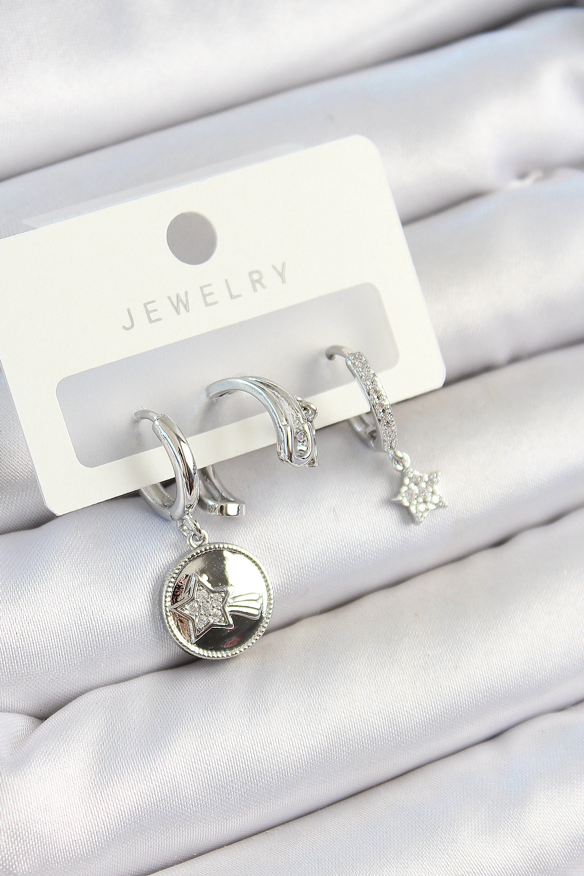 Pirinç Zirkon Taşlı Sallantılı Yıldız Model Gümüş Renk 3'lü Çift Kadın Küpe Set-0