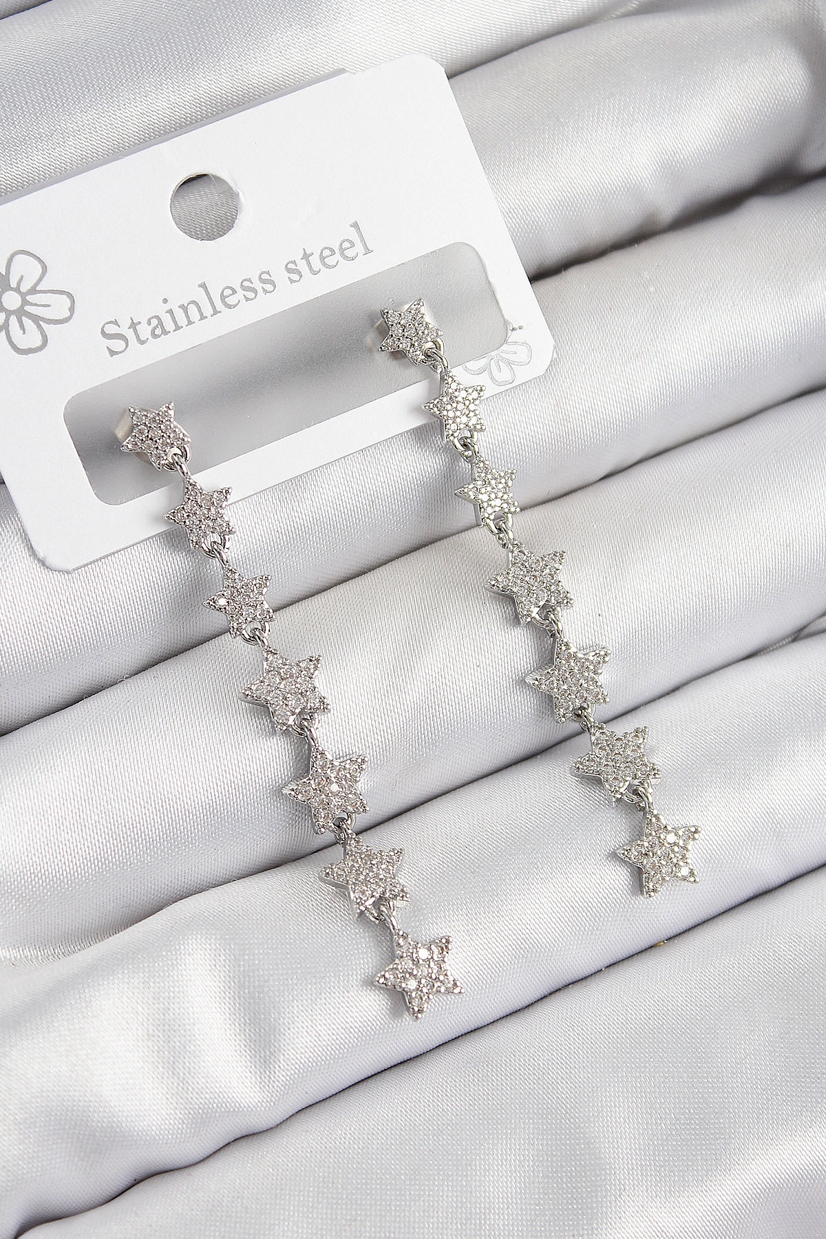 Pirinç Zirkon Taşlı Sallantılı Yıldız Model Gümüş Renk Kadın Küpe-0