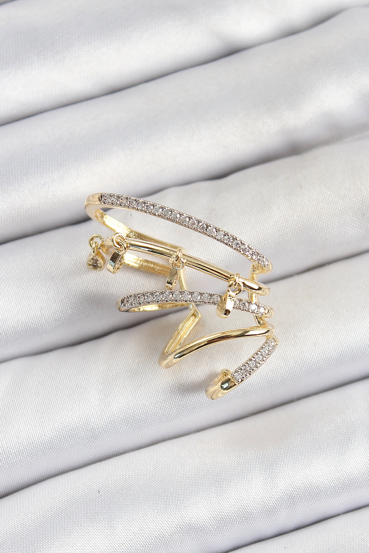 Pirinç Zirkon Taşlı Sıkıştırma Sağ Kıkırdak Gold Renk Kadın Küpe-0