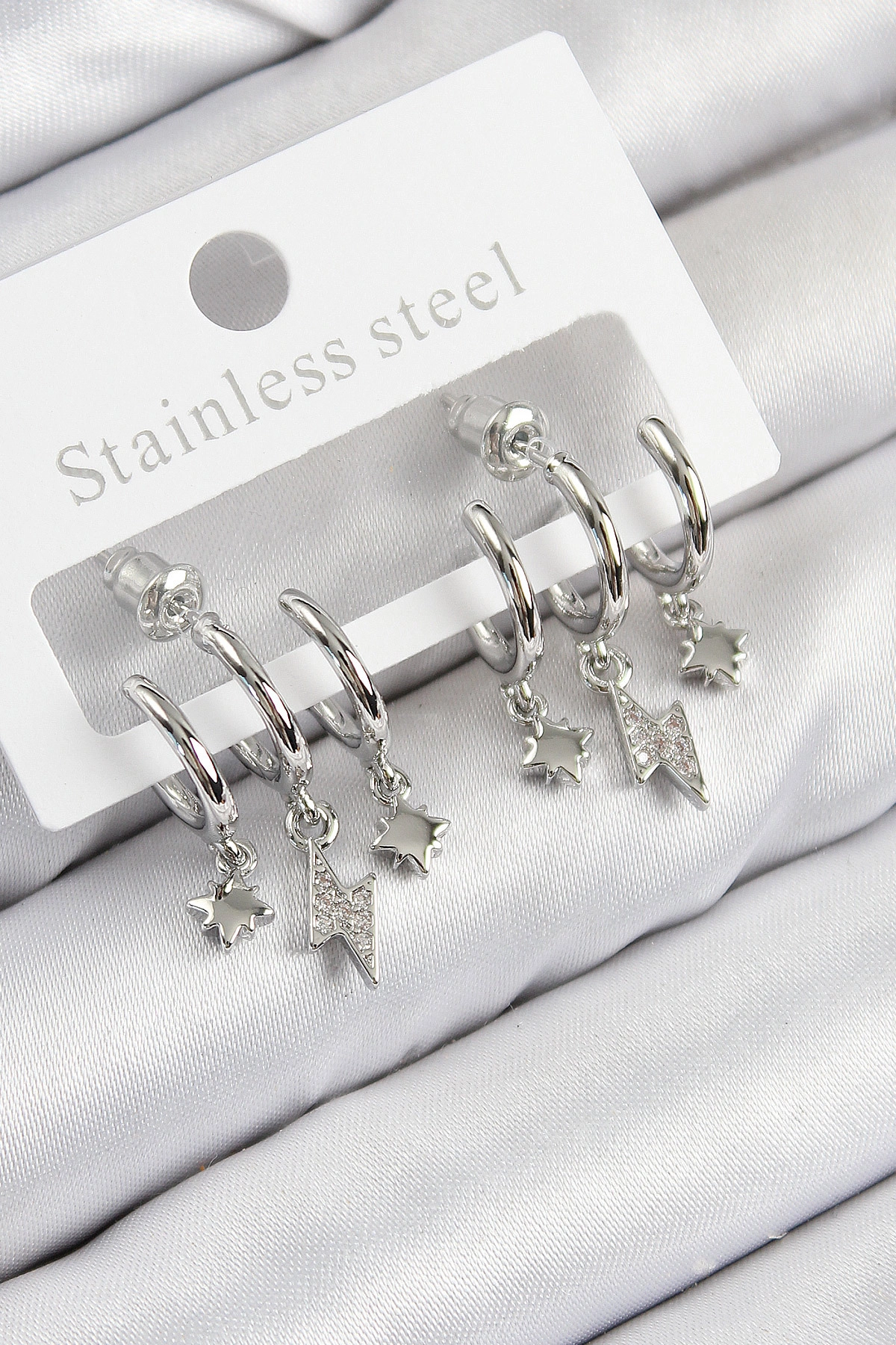 Pirinç Zirkon Taşlı Şimşek Model Gümüş Renk Kadın Küpe-0