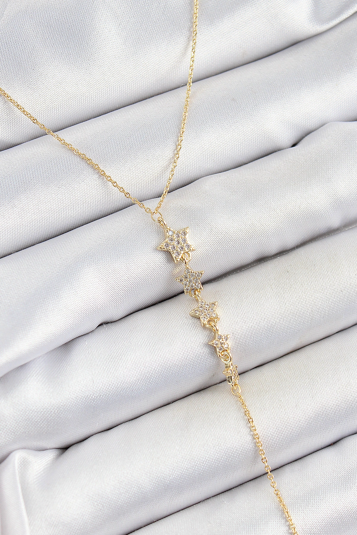 Pirinç Zirkon Taşlı Sıralı Yıldız Figürlü Y Model Gold Renk Kadın Kolye-0