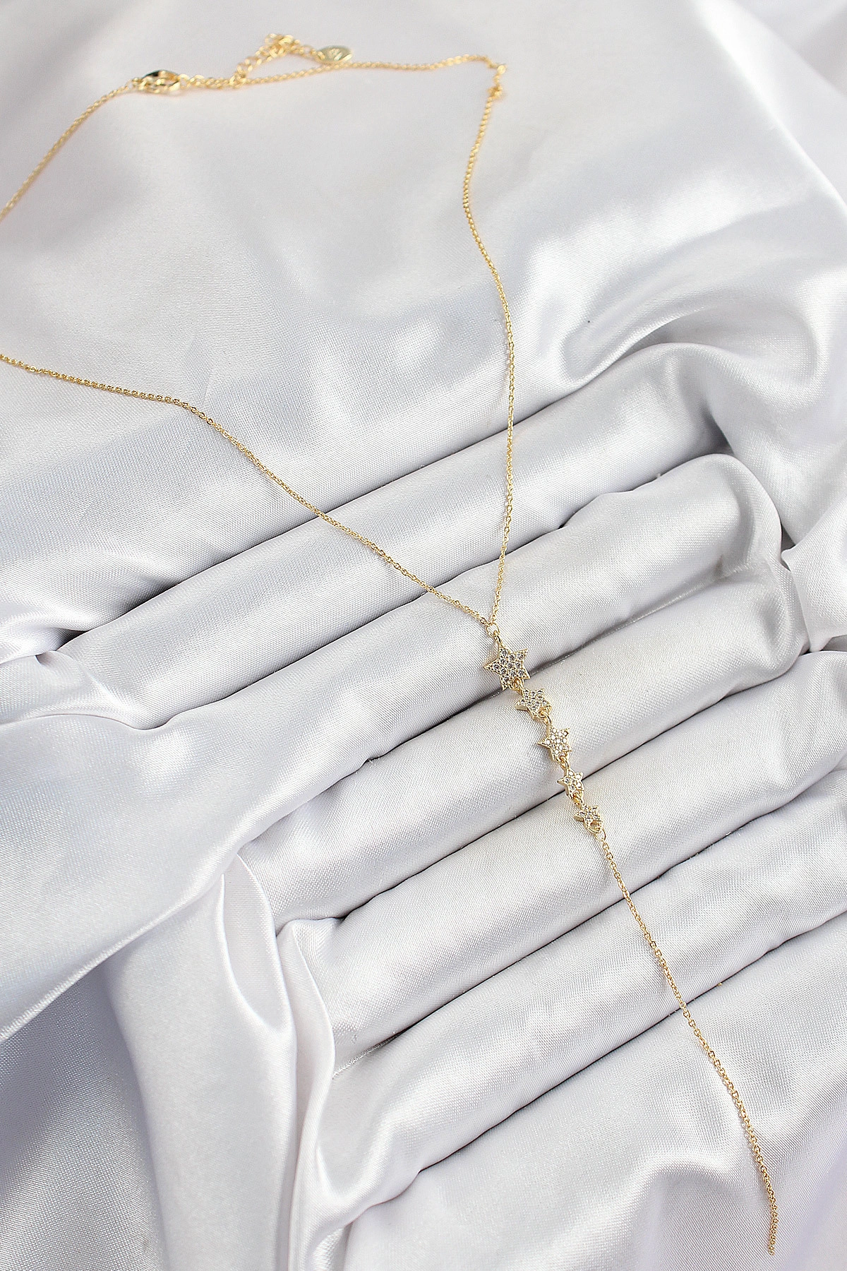 Pirinç Zirkon Taşlı Sıralı Yıldız Figürlü Y Model Gold Renk Kadın Kolye-1