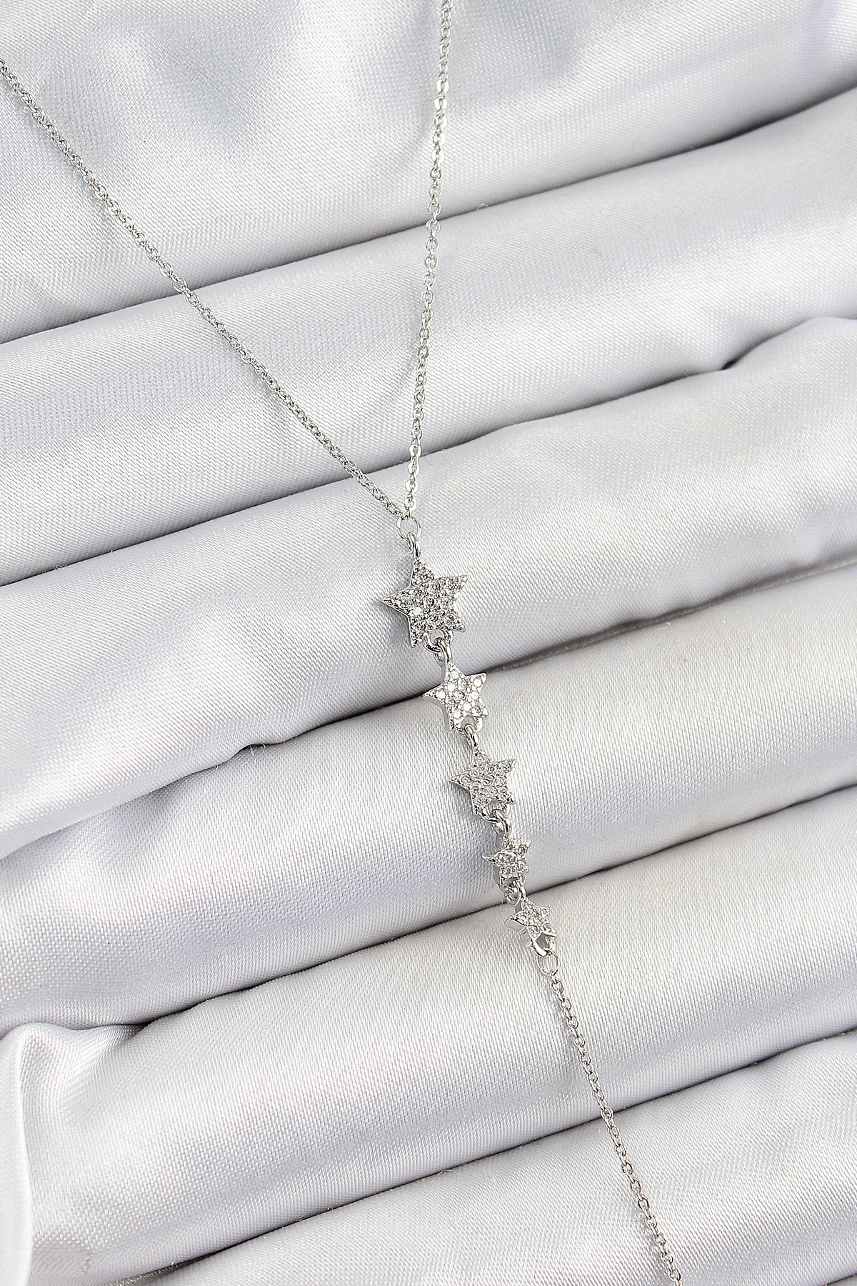 Pirinç Zirkon Taşlı Sıralı Yıldız Figürlü Y Model Gümüş Renk Kadın Kolye-0
