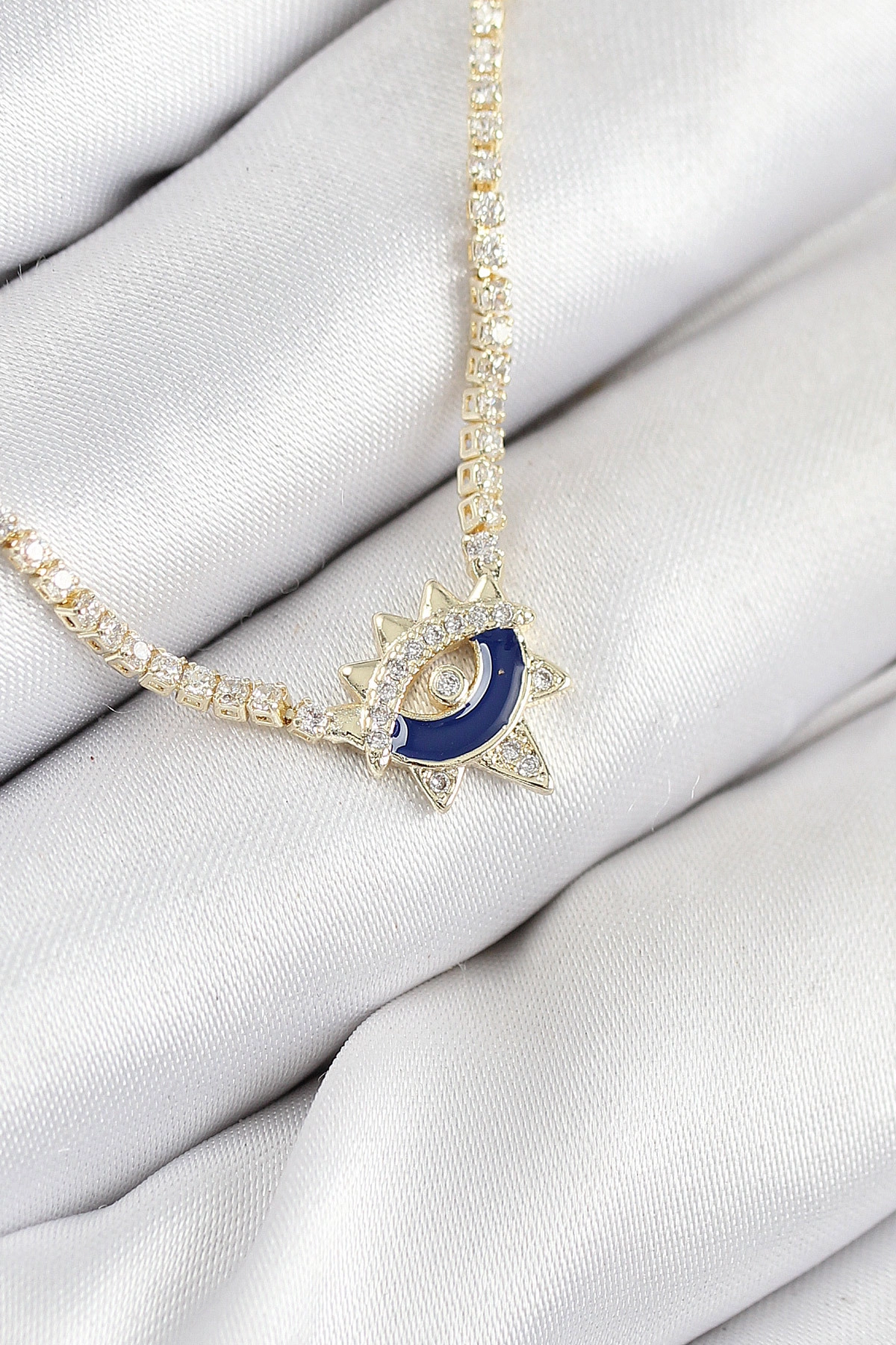 Pirinç Zirkon Taşlı Su Yolu Göz Model Gold Renk Kadın Kolye-0