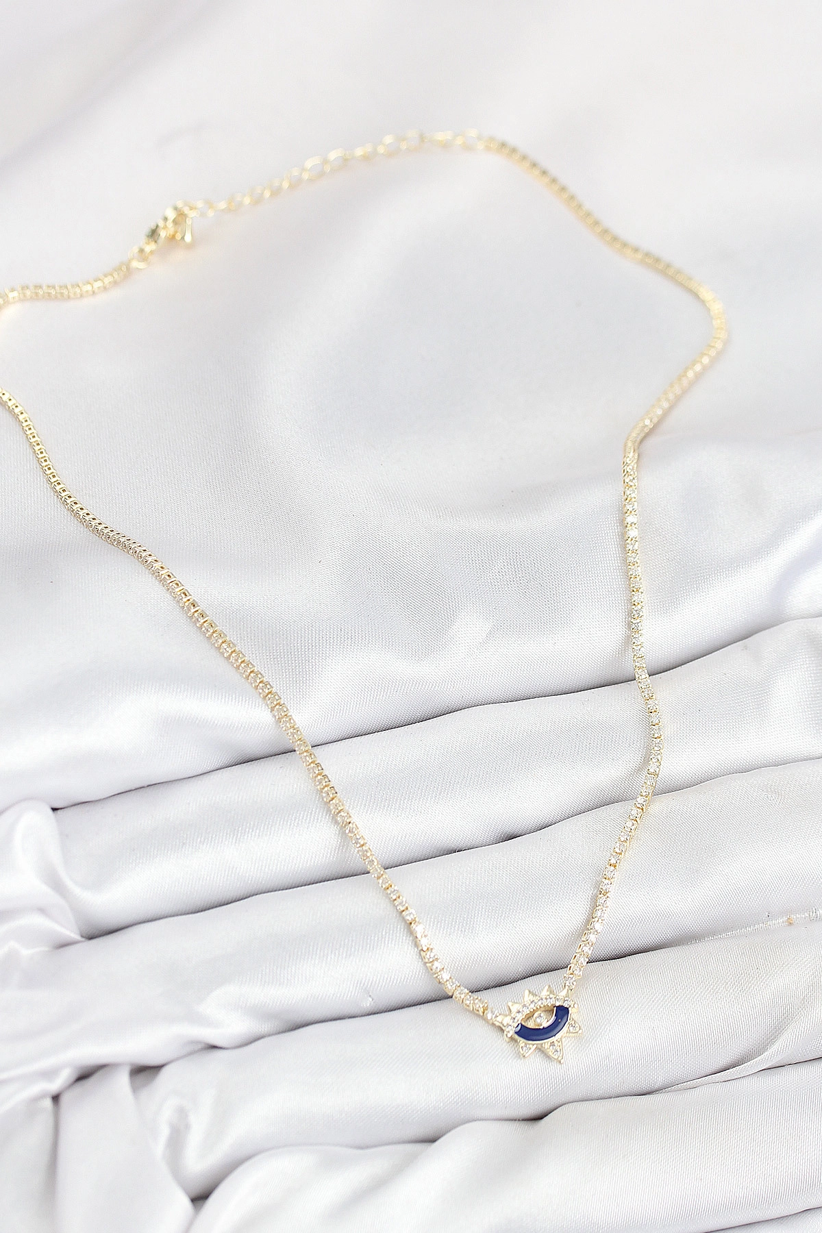 Pirinç Zirkon Taşlı Su Yolu Göz Model Gold Renk Kadın Kolye-1