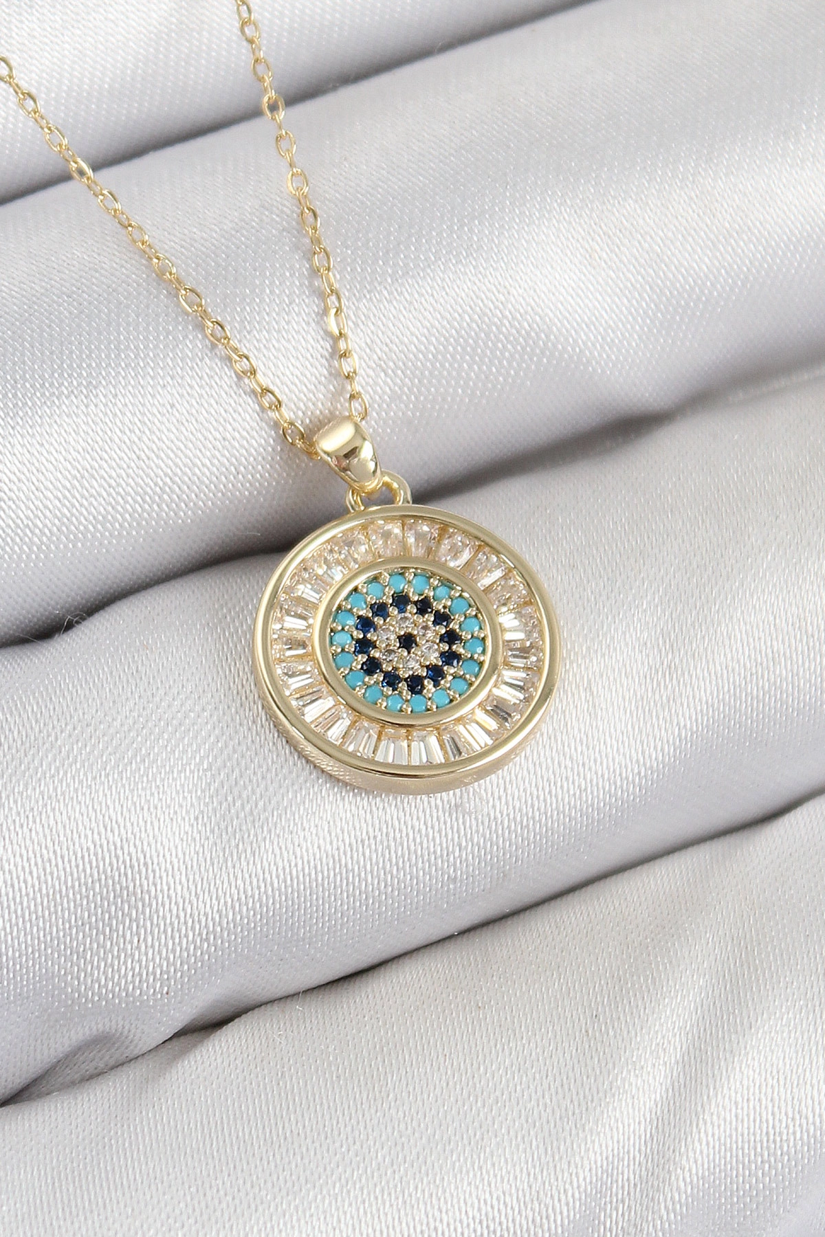 Pirinç Zirkon Taşlı Su Yolu Nazar Model Gold Renk Kadın Kolye-0