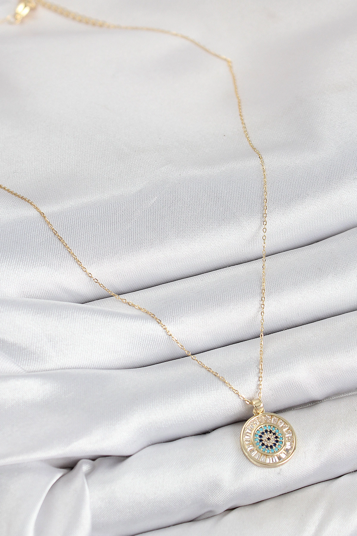 Pirinç Zirkon Taşlı Su Yolu Nazar Model Gold Renk Kadın Kolye-1