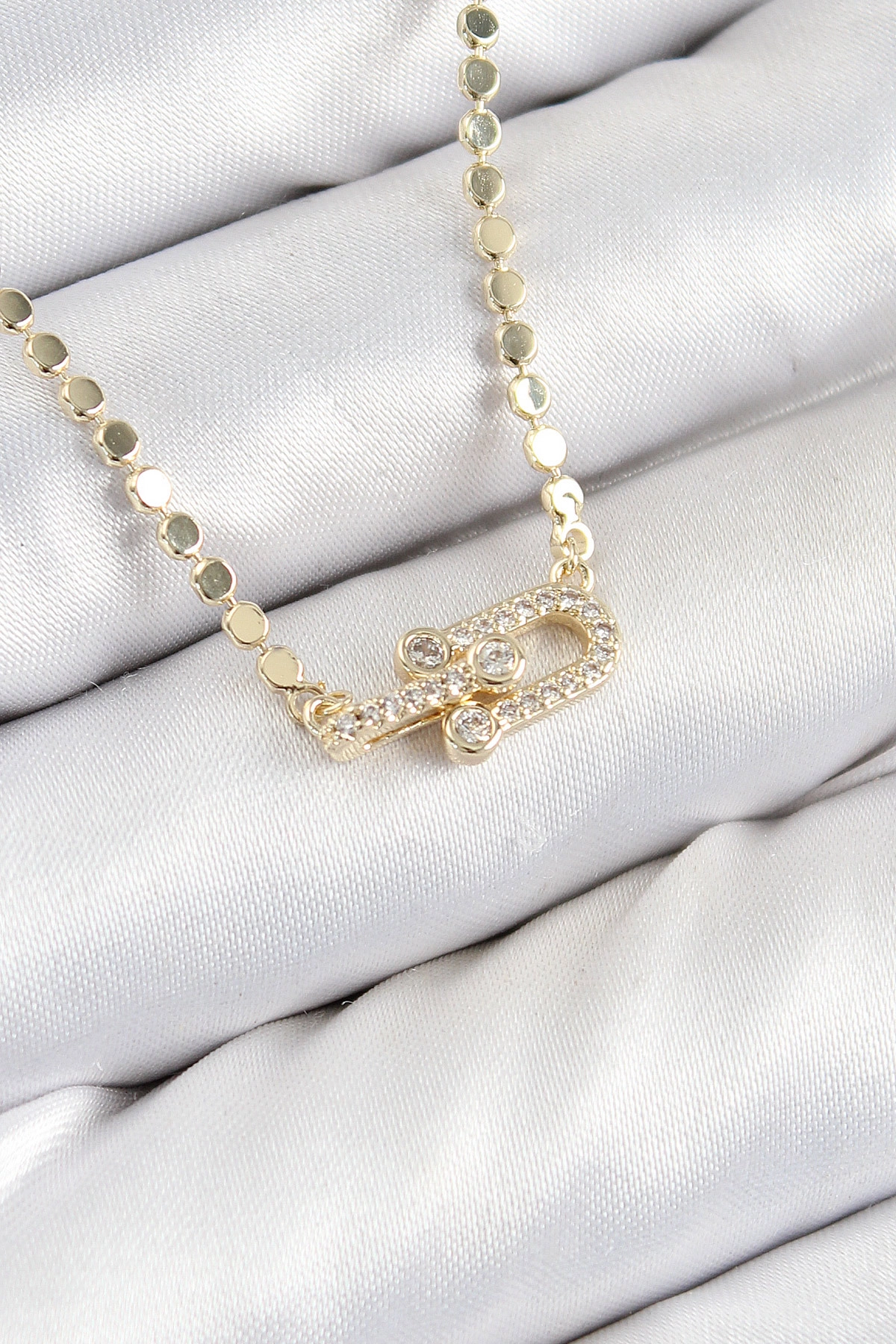 Pirinç Zirkon Taşlı Tifany Model Ezme Zincir Gold Renk Kadın Kolye-0