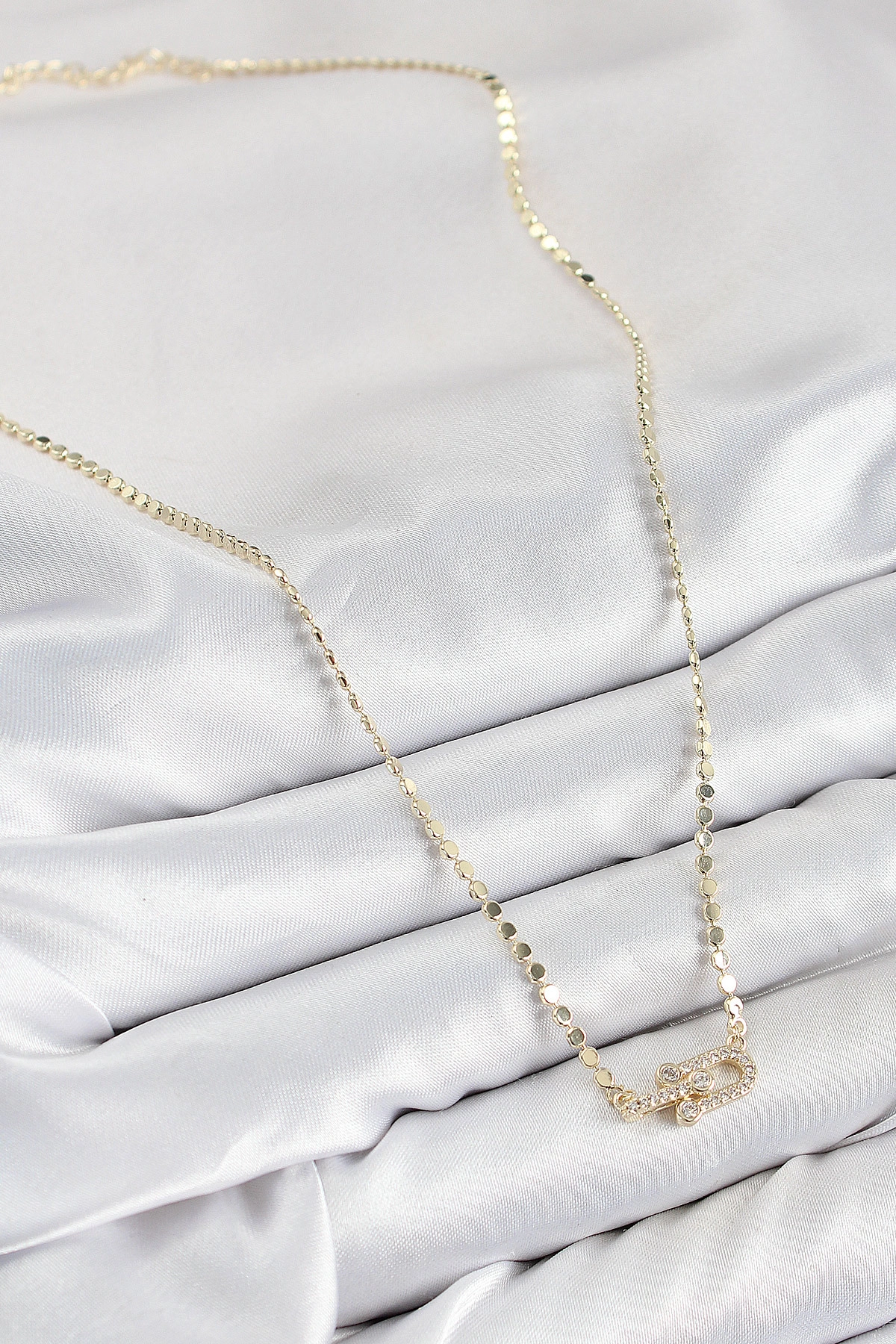 Pirinç Zirkon Taşlı Tifany Model Ezme Zincir Gold Renk Kadın Kolye-1