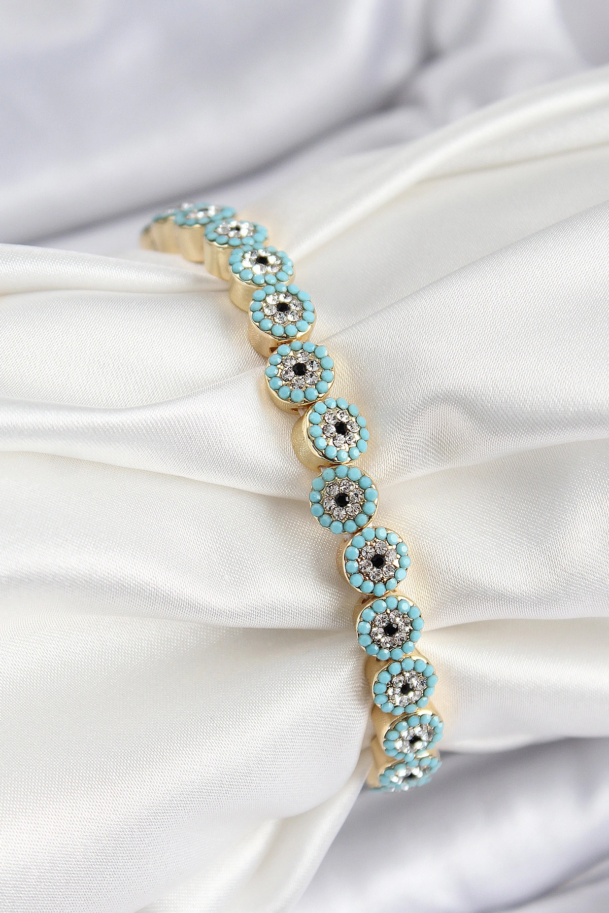 Pirinç Zirkon Taşlı Turkuaz Nazar Model Gold Renk Lastikli Kadın Bileklik-0