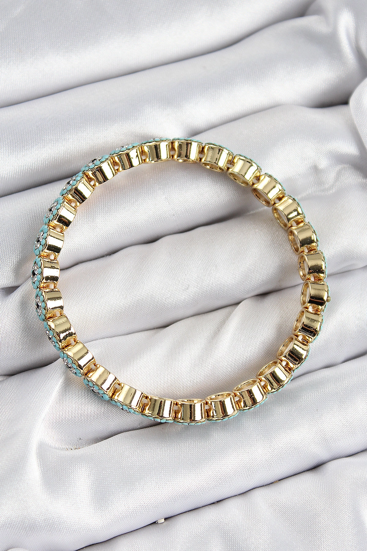 Pirinç Zirkon Taşlı Turkuaz Nazar Model Gold Renk Lastikli Kadın Bileklik-1