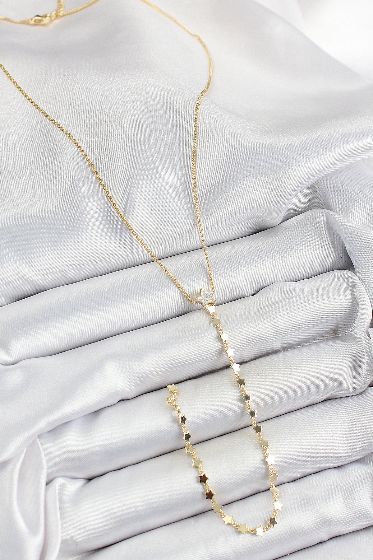 Pirinç Zirkon Taşlı Yıldız Figürlü Y Model Gold Renk Kadın Kolye-1