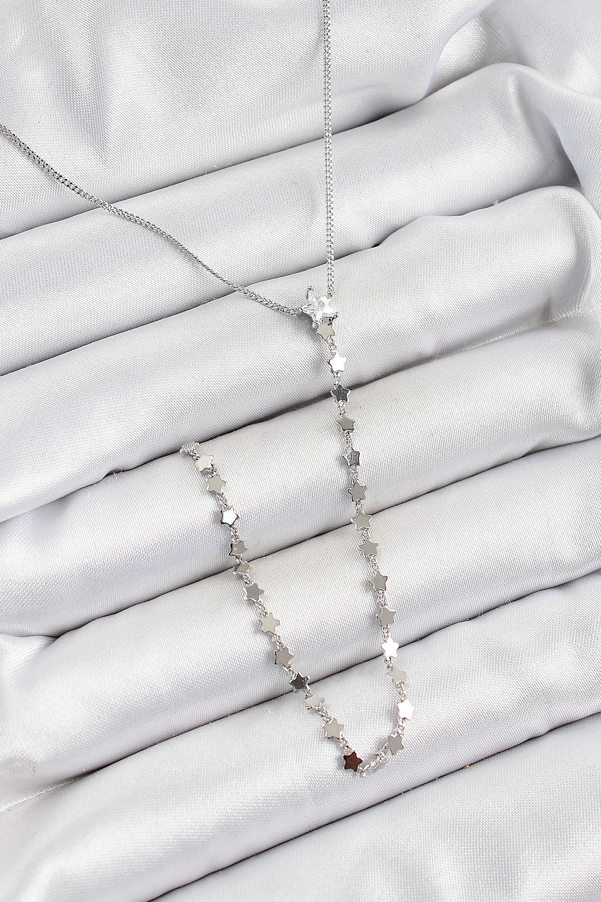 Pirinç Zirkon Taşlı Yıldız Figürlü Y Model Gümüş Renk Kadın Kolye-0