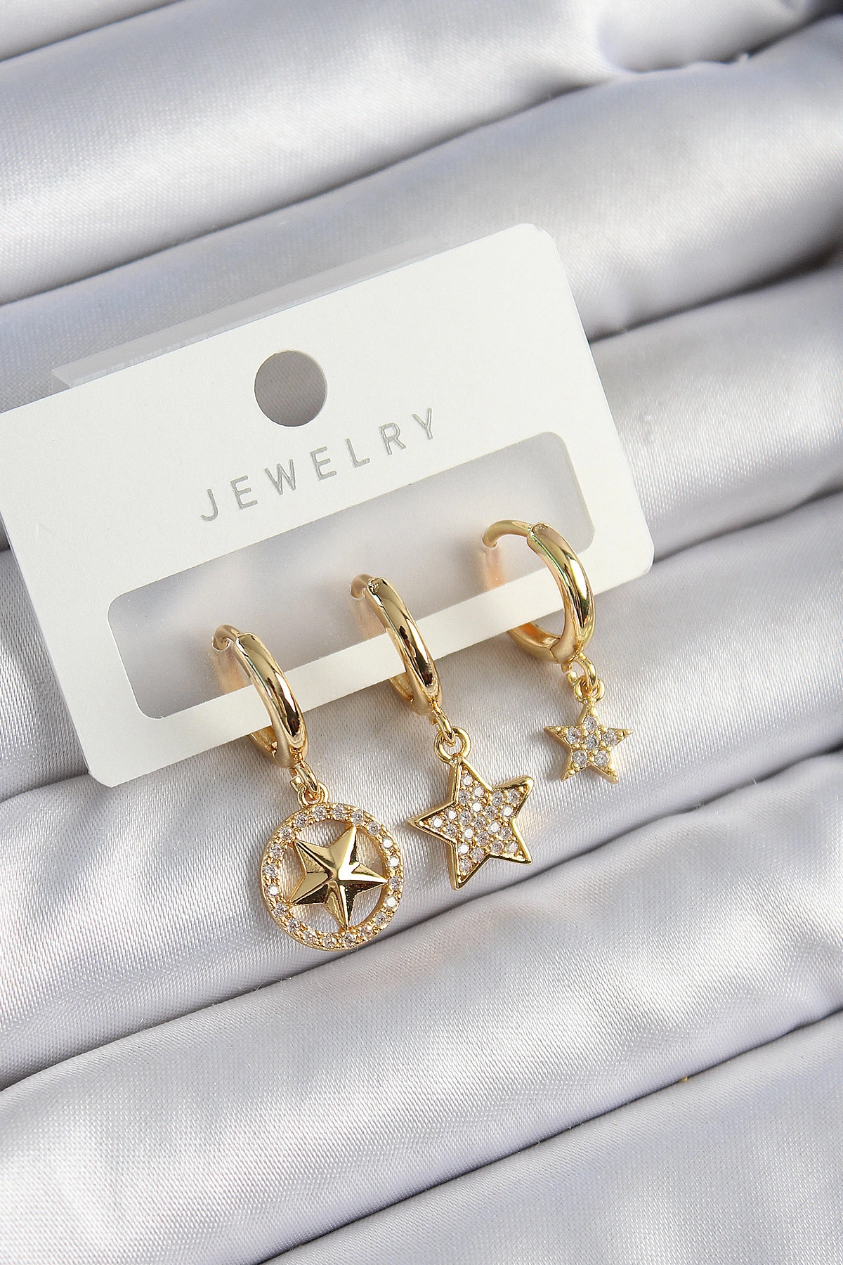 Pirinç Zirkon Taşlı Yıldız Model Gold Renk 3'lü Çift Kadın Küpe Set-0