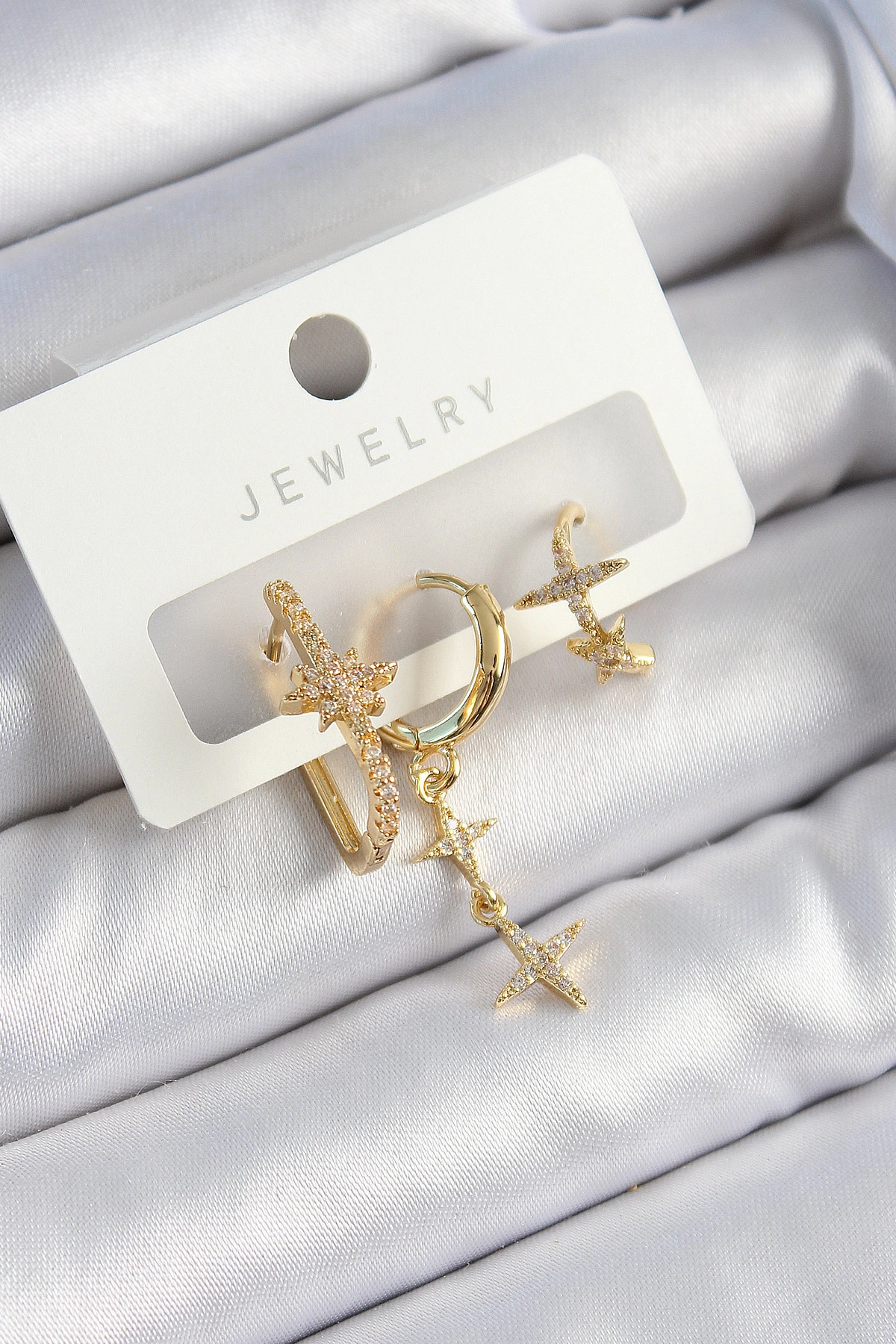 Pirinç Zirkon Taşlı Yıldız Model Gold Renk 3'lü Çift Kadın Küpe Set-0